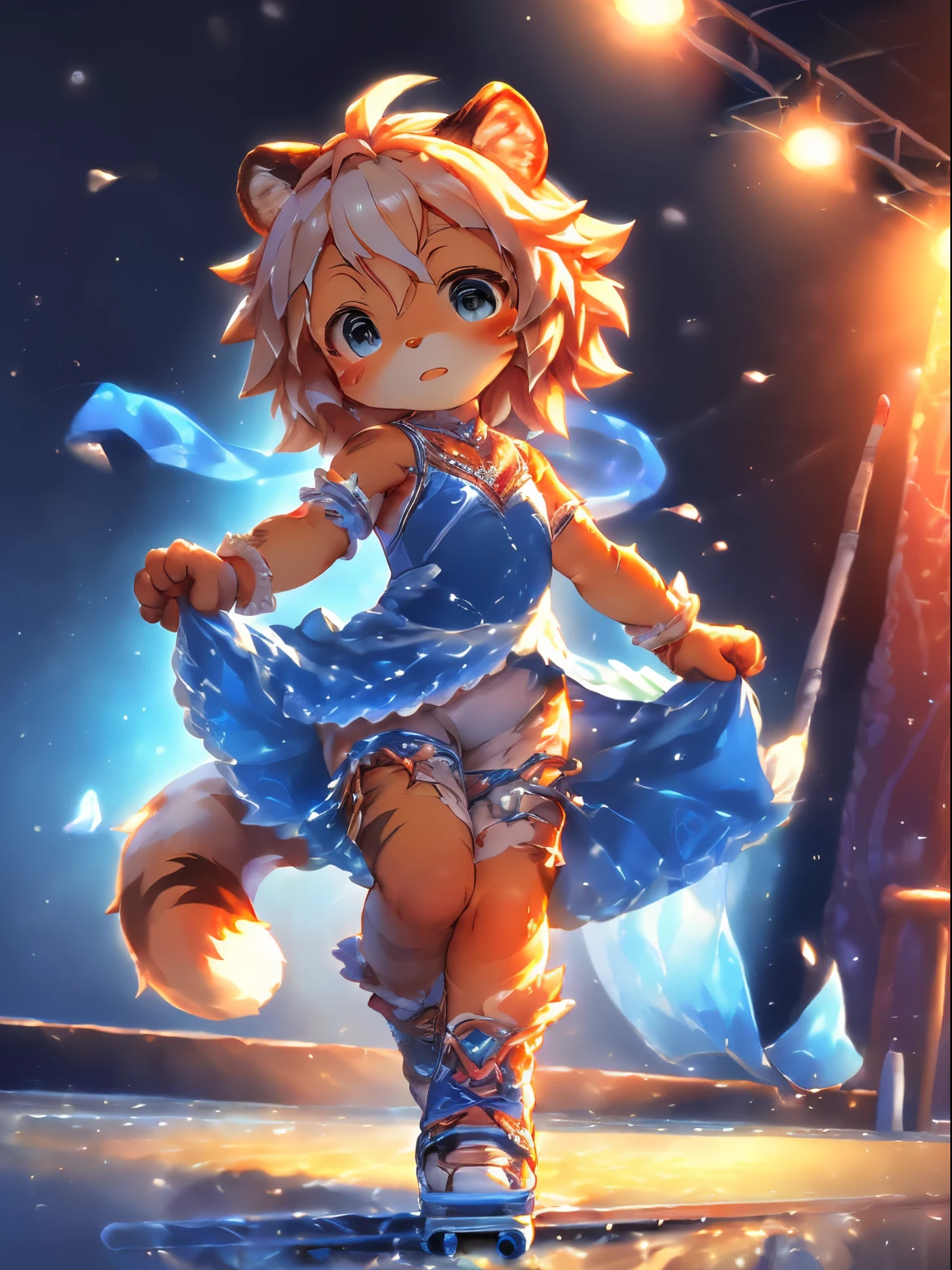 Anime style illustration of fox fishing with fishing rod in river, Cute and detailed digital art, Very very beautiful furry art, Detailed fanart, high-quality wallpaper, (((tmasterpiece))),(((Best quality at best)),(ultra - detailed),((Extremely Delicately Beautiful)),((Detailed and complex)),(Standing on the indoor skating rink) (1 ) dressed in (Elegant and detailed blue figure skating dress), standing at (skating rink), (skate) gently on ice, Black ( Coiled hair), (Beautiful and delicate dark eyes),(s the perfect face),(Focus on the face),(face expressionless).The skating pose is beautifully stretched., As if this is an ice dance, There&#39;s an ice rink in the back,(((Alone))),(The best shadow),(Volumetriclighting),edge lit,(电影灯光),(((illustratio))).[aquarelle],[Colorful],dynamic angle,(中景 the scene is),beautifully painted,The is very detailed.by Pino Deheni, Kanikai, Milk Tiger 1145, Dagasi, ys，