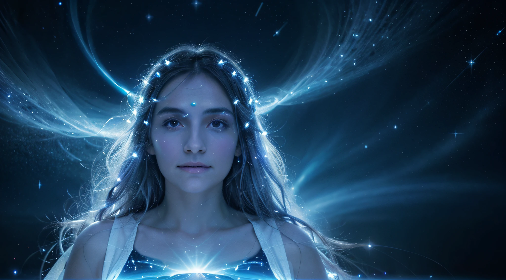 a close up of a person in surrounded by stars, radiating rebirth energy, emanating with blue aura, radiating dark energy aura, kundalini energy, emanating and flowing energy, white glowing aura, radiating a glowing aura, astral travel, cosmic enlightenment, astral appearance, consciousness projection,