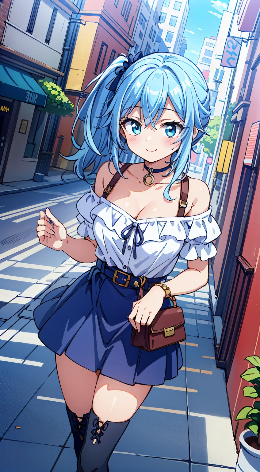 (Absurd realistic structure details),(High resolution complex and detailed text quality),(High-resolution microstructure、High Poly 3D Rendering Correction),Methods of geometry,Careful explanatory anatomy,
BREAK,
1 beautiful girl, 1 person,Solo,(Cute:1.5),(Chibi:0.6),(kawaii:1.5),(Lori:0.5),(17 years old girl),Very detailed,colourfull,highest details,Clear skin,Beautiful skin,Shy,Very detailed,colourfull,highest details,Clear skin,Beautiful skin,Shy skin,1 beautiful girl,{Heterochromia,pale blue eyes,pale green eyes:1.9},star eye silhouette, BREAK,(pale blue hair, Medium length:1.4),(Side Ponytail,A little curly hair,Single-sided twisted blade,Princess Cut:1.3),(cleavage of the breast,Large breasts,Beautiful , gleaming skin,Clear skin, Beautiful skin,(best quality face),(Top quality glowing eyes), (The best smile,Doya face:1.45), BREAK (Pink Theme:1.4), (Vivid colors:1.3), (off shoulder shirt, White shirt, Puffy Short Sleeves:1.3), Belt bag,(Skirt, with floral pattern:1.2),tie,(lace-up boots:1.1),
BREAK,(early evening),Walking,a closed mouth,(architecture, building, Choker, city, Cityscape, Outdoors, potted plant,Street, Town:1.55), Waterfall,depth of fields,
BREAK,wakame,wakame,wakame,(Dynamic Angle:1.4),
BREAK,(Blurry background:1.3),(absurderes, hight resolution, Super Detail Art),cel shading,Clear Color, Lonely optical effect, Beautiful pictures, Bright glow, mystic atmosphere,(Close-up of girl:1.1), Mystical light particle effect,manga influence, clean line drawings,