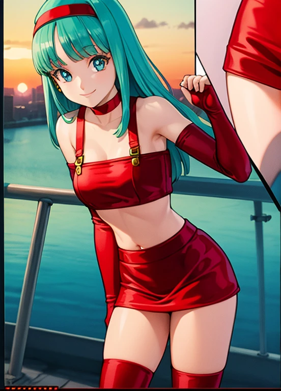 masterpiece, best quality, highest quality, photorealistic, perfect anatomy, perfect face, perfect eyes, aqua hair, brabulladbgt, red hairband, red gloves, red crop top, blue eyes, skirt, hoop earrings, choker, solo, 1 girl, city, outdoors, sexy pose, smile, sunset