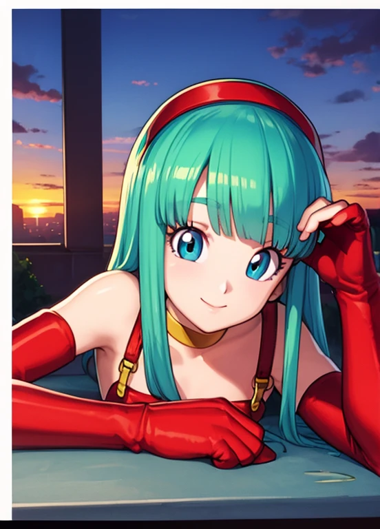 masterpiece, best quality, highest quality, photorealistic, perfect anatomy, perfect face, perfect eyes, aqua hair, brabulladbgt, red hairband, red gloves, red crop top, blue eyes, skirt, hoop earrings, choker, solo, 1 girl, city, outdoors, sexy pose, smile, sunset