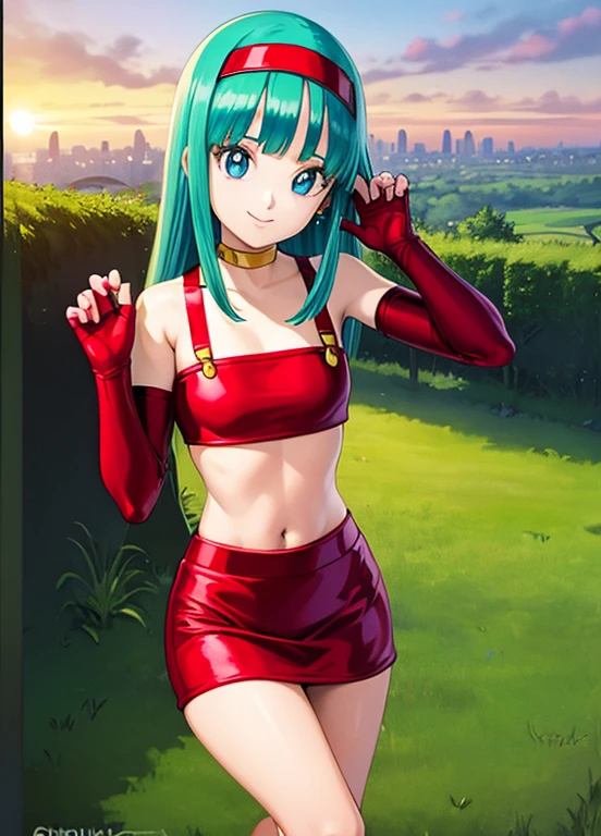 masterpiece, best quality, highest quality, photorealistic, perfect anatomy, perfect face, perfect eyes, aqua hair, brabulladbgt, red hairband, red gloves, red crop top, blue eyes, skirt, hoop earrings, choker, solo, 1 girl, city, outdoors, sexy pose, smile, sunset