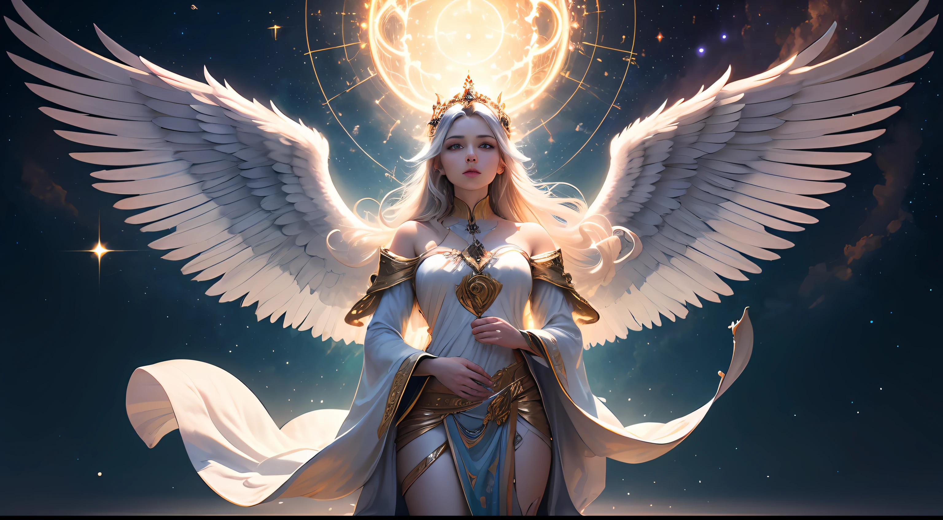 No reino celestial, um anjo majestoso se destaca entre as divindades, emanando uma aura de beleza e esplendor. His figure is ethereal and radiant, envolta em uma luz dourada que ilumina todo o ambiente ao seu redor.
O anjo possui uma forma humana, But its characteristics are perfectly symmetrical and harmonious. His stature is tall and graceful, with an upright posture that emanates confidence and serenity. His features are soft and delicate, with deep eyes that convey wisdom and compassion. Your hair is long and fluid, brilhando como fios de ouro que se movem suavemente ao vento celestial.
The angel's wings are magnificent, with white and silver feathers that seem to radiate their own light. Elas se estendem majestosamente, symbolizing your freedom and ability to roam the skies. Cada batida de suas asas produz um som suave e harmonioso, preenchendo o ambiente com uma melodia celestial.
The angel is dressed in a bright white robe, adornada com detalhes intricados e bordados dourados. Seu manto, made of translucent fabric, reflete todas as cores do espectro, creating a stunning prismatic effect when capturing divine light.
Quanto ao lugar celestial, He is a kingdom of pure beauty and peace. The surroundings are bathed in a soft and iridescent light, iluminando tudo ao seu redor. The floor is lined with a soft carpet of ethereal clouds, que emitem um brilho suave e cintilante. Ao longe, It is possible to see heavenly gardens, with lush flowers and trees in bright, dazzling colors.
Uma melodia celestial permeia o ar, uma harmonia celestial que ecoa constantemente, criando uma atmosfera de serenidade e paz. in sky, Twinkling stars dance in heavenly patterns, forming constellations that tell stories of cosmic events and divine wonders. --auto