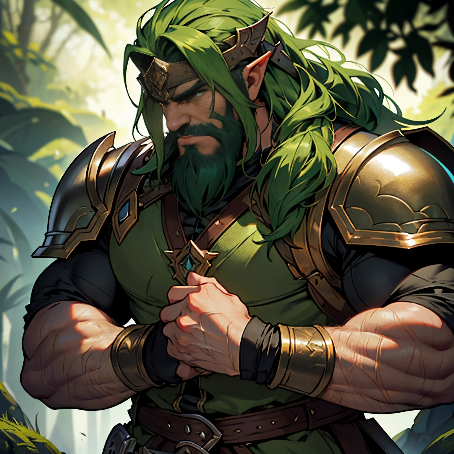 dark and brooding dwarven warrior, muscled warrior, beard, long hair, helmet, armor, vampire slayer, dark and mysterious, green beard, green hair, green eyes, dwarf fighter, DND, (masterpiece:1.2), (ultra-detailed), HDR, sharp focus, (vivid colors), (bokeh), studio lighting