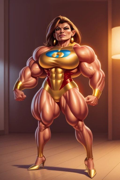 mexican muscle woman flexing muscles wearing gold superhero outfit, muscle woman, big muscles, huge muscles, massive muscles, mature woman