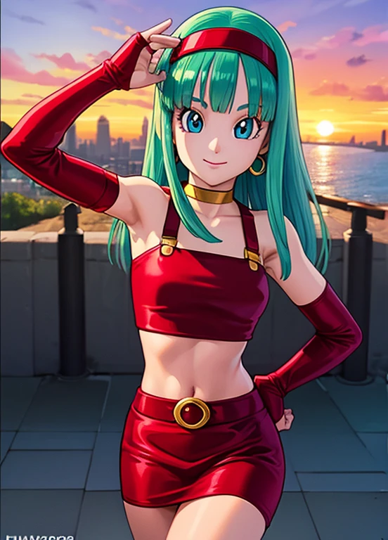 masterpiece, best quality, highest quality, photorealistic, perfect anatomy, perfect face, perfect eyes,
<lora:bradbgt_ex_02:1>, aqua hair, brabulladbgt, red hairband, red gloves, red crop top, blue eyes, skirt, hoop earrings, choker, 1girl, outdoors, sexy pose