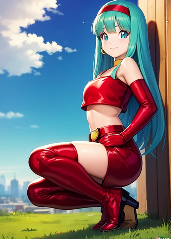 masterpiece, best quality, highest quality, photorealistic, perfect anatomy, perfect face, perfect eyes, aqua hair, brabulladbgt, red hairband, red gloves, red crop top, blue eyes, skirt, hoop earrings, choker, solo, 1 girl, city, outdoors, sexy pose, smile, sunset, sitting down.