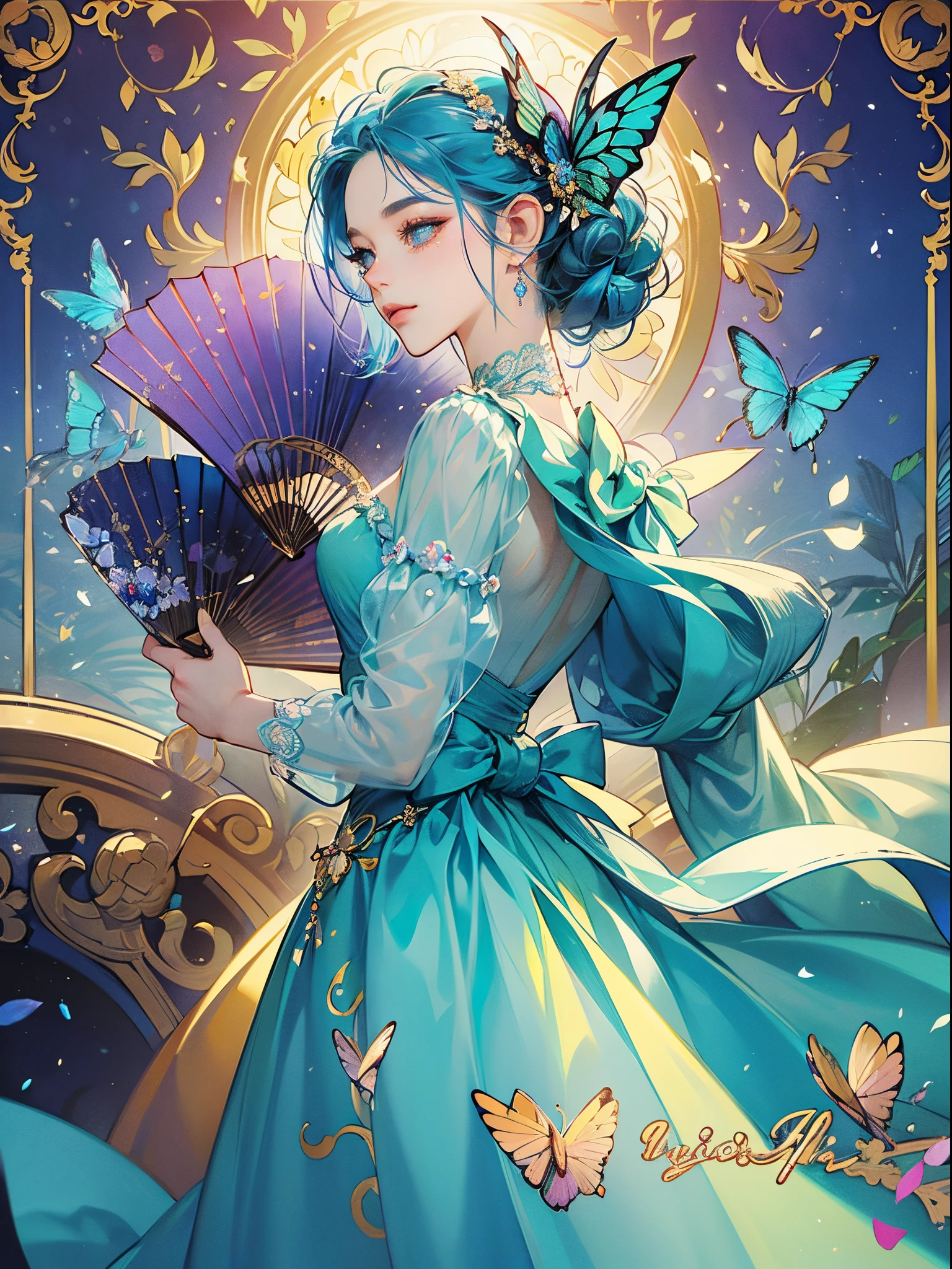 Butterfly motif、Blue Tone、Vibrant colors、((masterpiece)))、(((top-quality)))、((ultra-detailliert))、(A hyper-realistic)、(highly detailed CGillustration)、Official art、Prague at the beginning of the 20th century、Decadent、Madame Papillon、Cool Beauty、Masquerade、refinement、Elegance、Gorgeous、Masks that cover most of the face、Colorful and detailed mask design、matchless beauty、Fans、gorgeous dress、jewely、Female Solo、Perfect Angle、perfect-composition