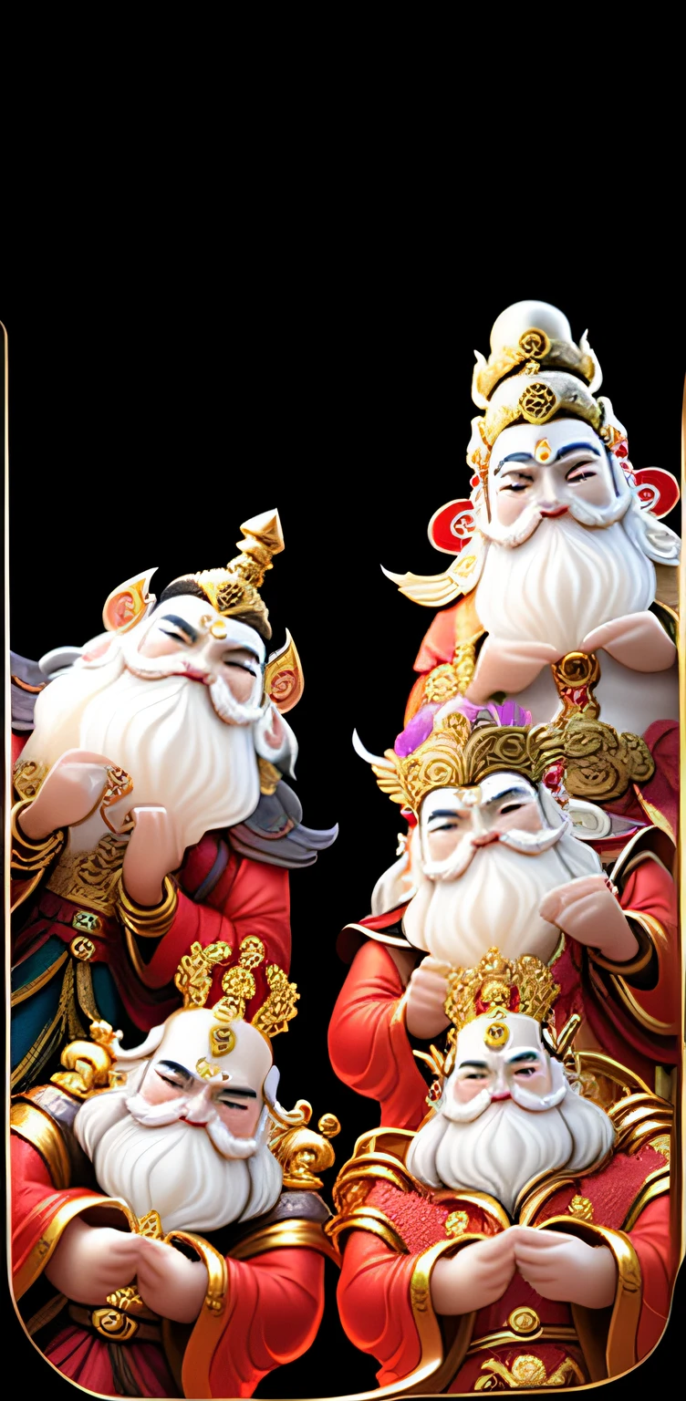 Close-up of a group of Gods of Wealth paying New Year greetings, Chinese Fantasy God of Wealth,Wear gold with silver，extremely high resolution,3D, Inspired by Lu Guang, key art, full art, Official artwork