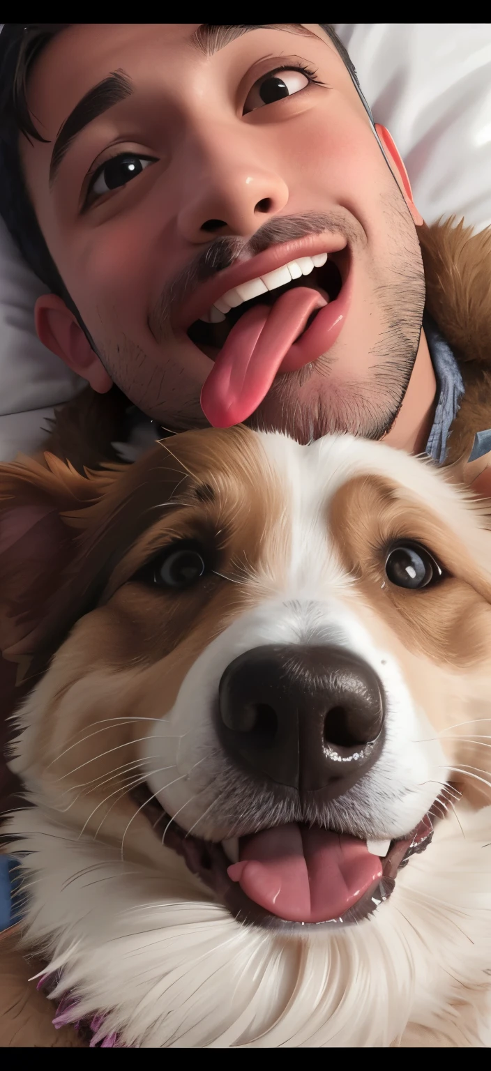 man laying in bed with his dog and tongue sticking out, licking out, tongue out, selfie of a dog, dogs tongue to the side , tongue sticking out, licking tongue, happy with his mouth open, closeup. mouth open, neck zoomed in from lips down, silly face, looking up at the camera, mouth open, mouth slightly open, cute silly face