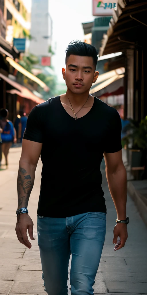 ((Full Body Shot)),(Look at viewer), beautiful adult Thai college guy in Black V Neck T-Shirt, 35 years old, walking in Thailand street food, ((slim, muscular)), photorealistic, photo, masterpiece, realistic, realism, photorealism, high contrast, photorealistic digital art trending on Artstation 8k HD high definition detailed realistic, detailed, skin texture, hyper detailed, realistic skin texture, armature, best quality, ultra high res, (photorealistic:1.4),, high resolution, detailed, raw photo, sharp re, by lee jeffries nikon d850 film stock photograph 4 kodak portra 400 camera f1.6 lens rich colors hyper realistic lifelike texture dramatic lighting unrealengine trending on artstation cinestill 800,