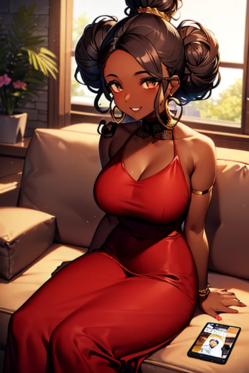 black woman, ((dark skin)), ((sitting on a dark red sofa)), dark brown eyes, ((black curly hair)), ((hair with a big bun)), ((hair for back)), ((cell phone and cd)), ((long white dress)), ((looking at window)), smiling, great quality, masterpiece, beautiful hands, medium breasts, gold hoop earrings