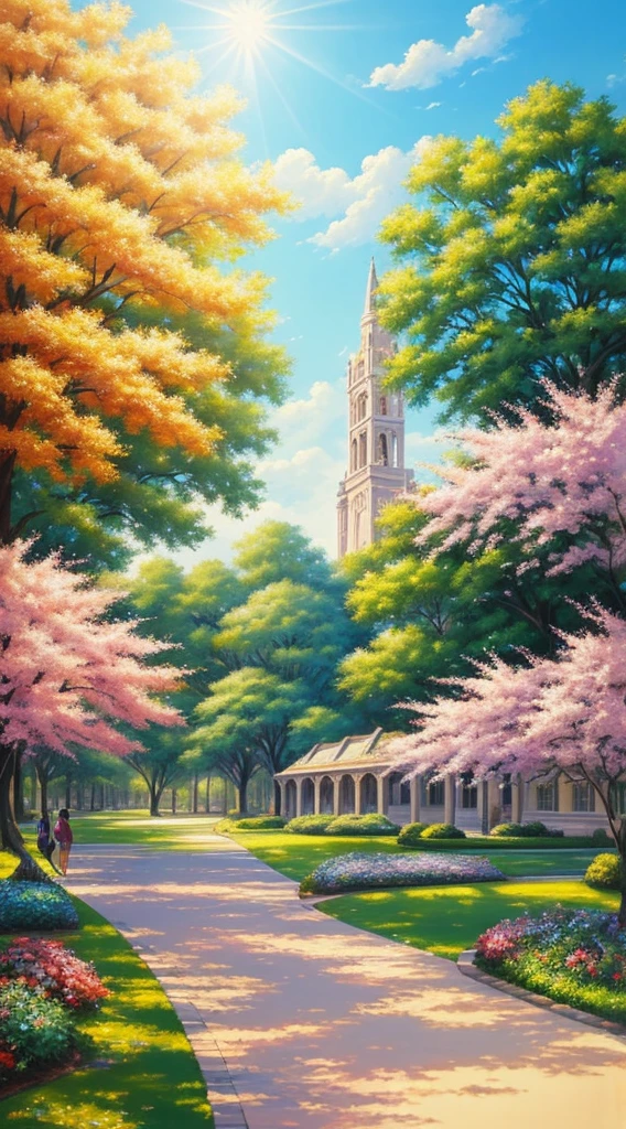 (students,beautiful detailed day,detailed,leisurely,fragrant,sunlit,tree-lined campus ambience) [oil painting,realistic,natural colors], [vibrant flowers,falling leaves], [lovely summer dresses,bright backpacks], [smiling faces,joyful laughter], [books,folders,colorful stationary], [shimmering sunlight,soft shadows], [magnificent architecture,historical buildings], [energetic atmosphere,growing knowledge], [relaxed atmosphere,comfortable benches], [clear blue sky,fluffy white clouds],(highly detailed,crisp edges),(vivid colors,bright hues),(exquisite textures,smooth brushstrokes), (crisp,sharp focus),(inviting,warm lighting)