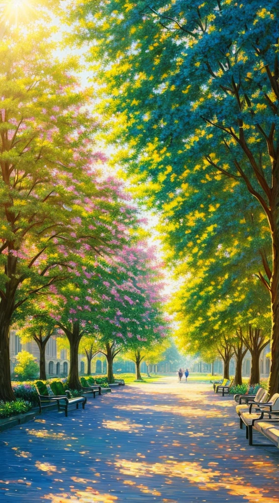 (students,beautiful detailed day,detailed,leisurely,fragrant,sunlit,tree-lined campus ambience) [oil painting,realistic,natural colors], [vibrant flowers,falling leaves], [lovely summer dresses,bright backpacks], [smiling faces,joyful laughter], [books,folders,colorful stationary], [shimmering sunlight,soft shadows], [magnificent architecture,historical buildings], [energetic atmosphere,growing knowledge], [relaxed atmosphere,comfortable benches], [clear blue sky,fluffy white clouds],(highly detailed,crisp edges),(vivid colors,bright hues),(exquisite textures,smooth brushstrokes), (crisp,sharp focus),(inviting,warm lighting)
