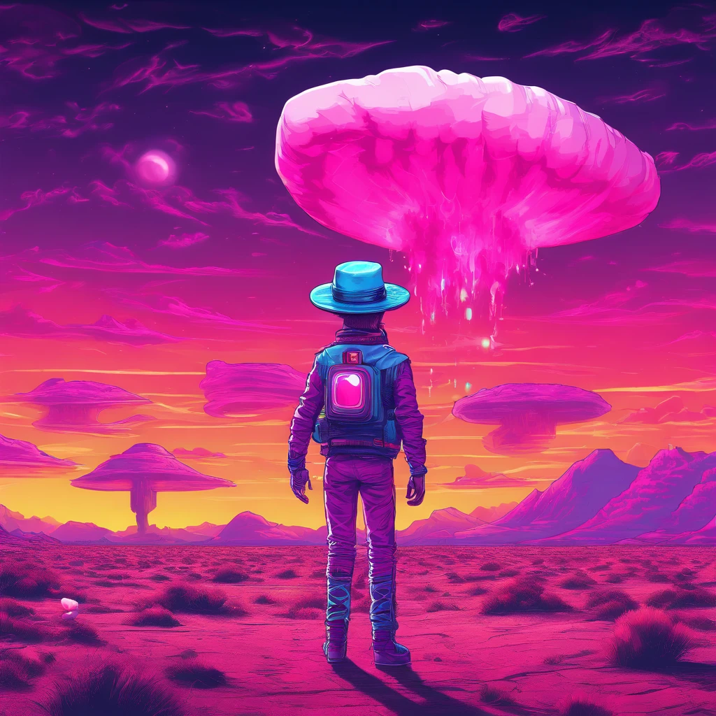 A pink cowboy alien standing in a desolate wasteland, with a weary expression on its face. In the distance, a giant ((((marshmallow)))) looms, emitting an eerie glow. The alien's cowboy hat is slightly askew, and its metallic body bears scars and scratches from past battles. The sky above is a deep purple, The scene is both whimsical and unsettling, with a touch of dark humor.