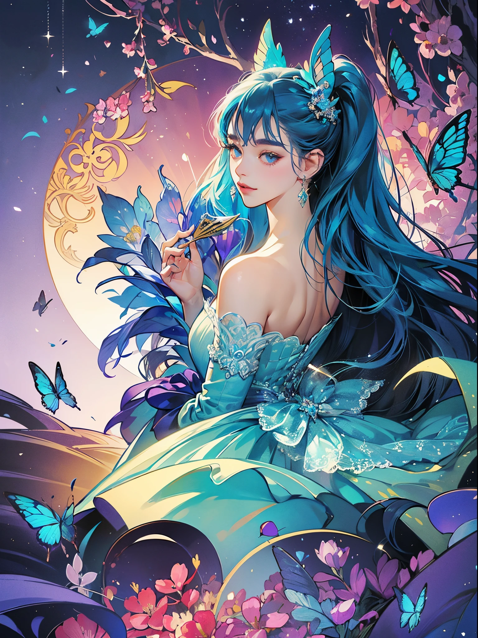 There was a woman in a dress surrounded by butterflies, Glowing blue butterfly, Butterflies float in the sky, Butterflies, author:Han Gan, Glowing butterflies, by Yang J, butterflies flying, personal profile picture, inspired by Ross Tran, loish and ross tran, Butterfly, author:Ju Chao, ethereal wings, Profile picture, By Li Song, Butterfly wings,Highest image quality,