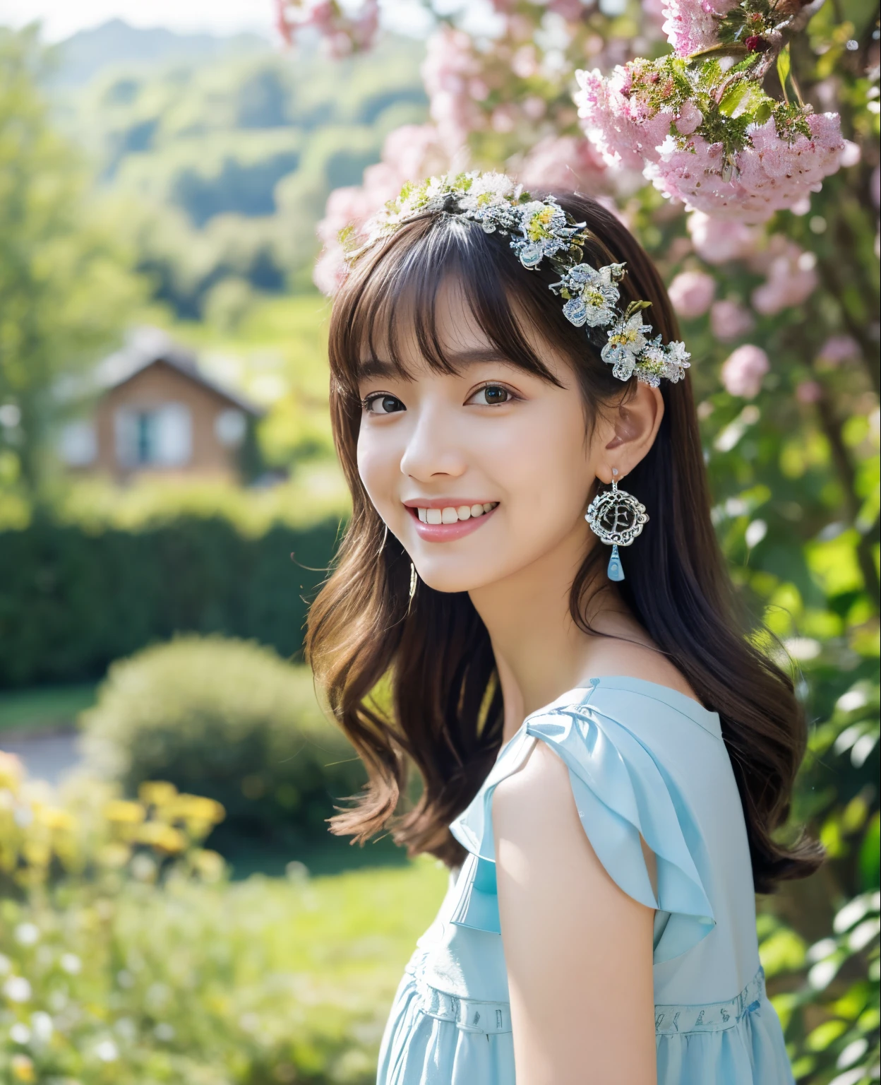 ((Masterpiece)), 8k, highest quality, 1 girl, solo, realistic, garden, photorealistic, super detailed, detailed background, (Solo: 1.4), wearing a simple light blue dress, happy expression, slender body , Realistic and Detailed Half Hair, Intricate Details, Masterpiece, Top Quality, Waist Shot, ((Mountain Cottage Background)), Smile, ((Looking at Camera)), Earrings, Asymmetrical Bangs, Natural Chest,