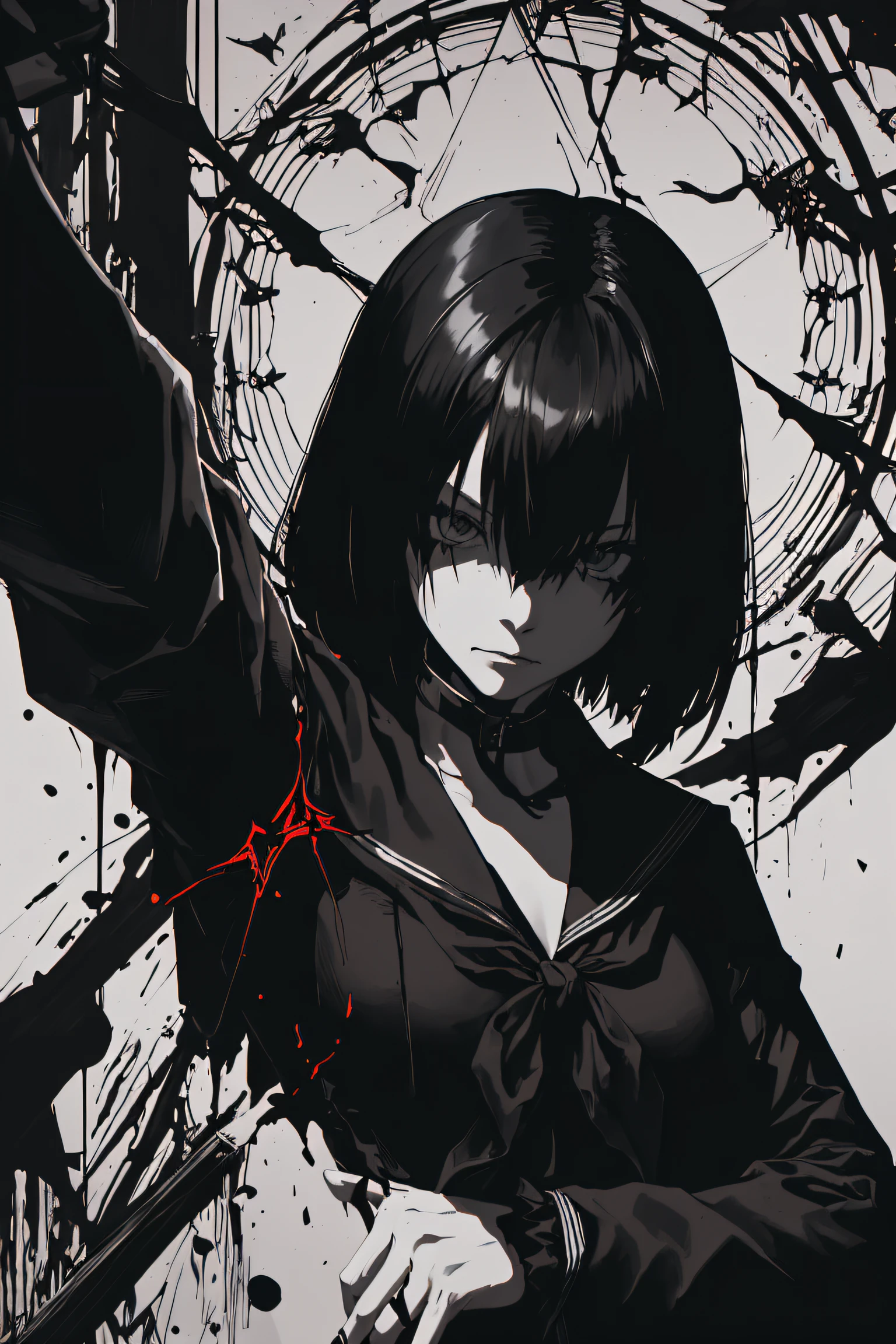 v5lcn style,ink art,(Best Quality,masutepiece:1.2),(black and white comic core:1.1),(extreme high contrast),Dark ink,1girl in,A dark-haired,Shadow on face、8K,resolution,High School Girl,Sailor Uniform,