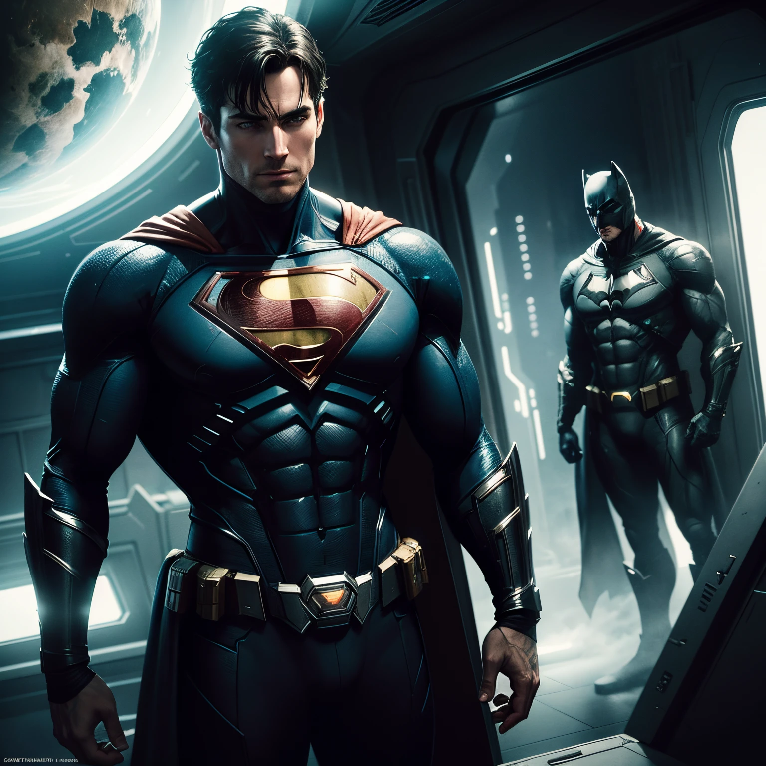 batman and superman standing in a spaceship looking at the earth, a picture by Zack Snyder, trending on cgsociety, romanticism, in the justice league, cg art, textless, wojtek fus, dc universe, justice league, dc comics art style, cinematic 4 k wallpaper, cinematic 4k wallpaper, hq 4k wallpaper, cinematic shot!, hd artwork