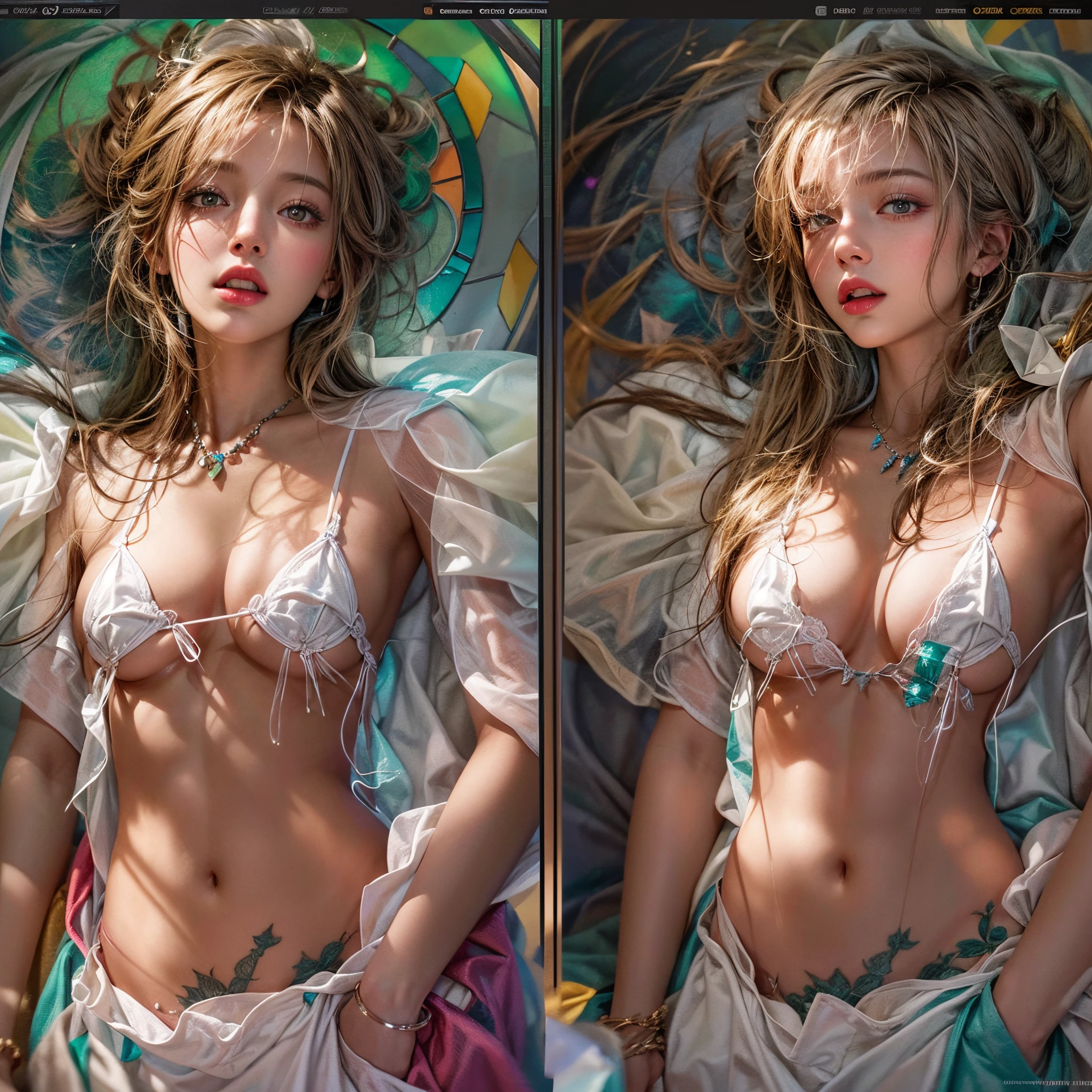 ( Masterpiece:1.25, exposed:1.2, White and vivid colors, navel),  (sexy junior idol), ((face variations)), portrayed in the best quality and high resolution. The image should be ultra-detailed, realistic, and photorealistic with a touch of rawness. back lighting, colorful Light shines through delicate stained glass. The medium can be a combination of photography and concept art. The color tone should be vibrant and vivid, enhancing the overall visual impact. Whole Body proportions and all limbs are anatomically accurate, (nipple:-0.9) .