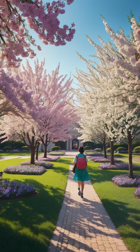 and the grass is lush. The student is wearing a bright, colorful outfit and has a backpack slung over one shoulder. The campus is filled with beautiful flowers, blooming in vibrant colors. The architecture of the buildings is stunning, with intricate details and ornate designs. Sunlight streams through the trees, casting dappled shadows on the ground. The student walks with a confident and relaxed posture, taking in the serene atmosphere. The scene is captured with a combination of realistic and impressionistic painting techniques. The colors are vivid and saturated, with a warm color tone that enhances the feeling of a sunny day. The lighting is soft and diffused, giving the scene a dreamy and ethereal quality. The overall image quality is of the highest standard, with ultra-detailed textures and sharp focus. The final artwork is a true masterpiece, showcasing the beauty of nature and the joy of life on a sunny day.