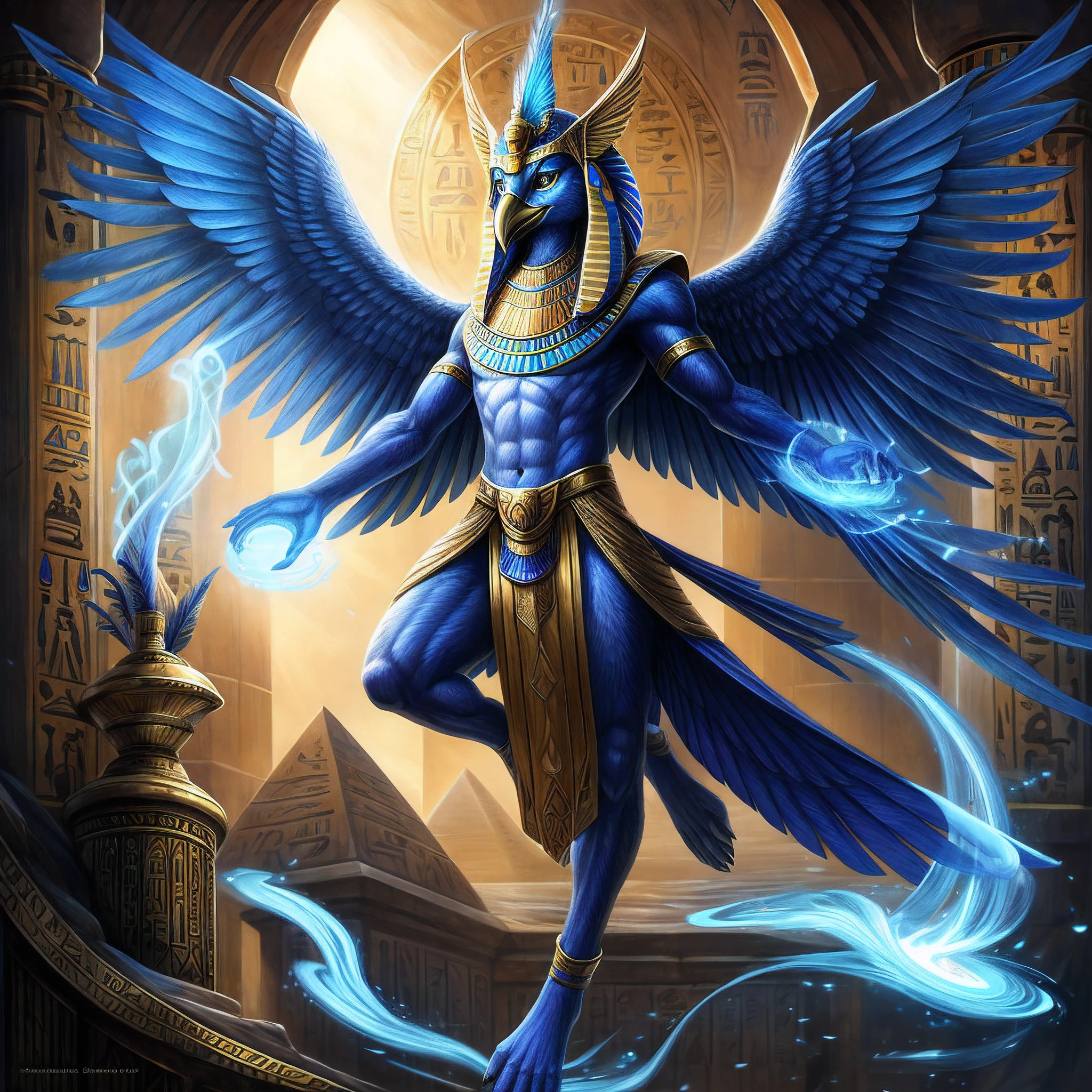 (best quality, ultra-detailed, fantasy art), Egyptian deity, Thoth, detailed feathered headdress, incredibly detailed face, ancient scroll, anthro avian, majestic full body, floating, magic blue flame floating above hand, (full body), wings