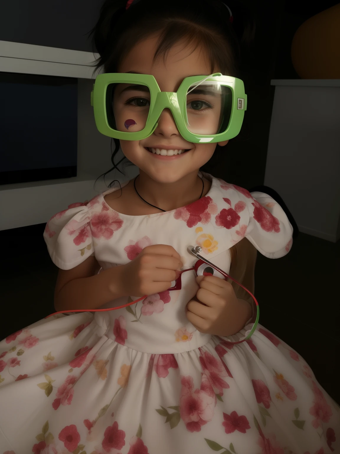 there is a girl wearing green glasses and a dress, big googles over her head, She wears Harry Potter glasses, girl with glasses, with square glasses, holding it out to the camera, wearing goggles, Tons de verde, traje completo, with sun glasses, wearing 3 d glasses, cool glasses, With eye Glasses, she is smiling and excited, Tons, copos grandes