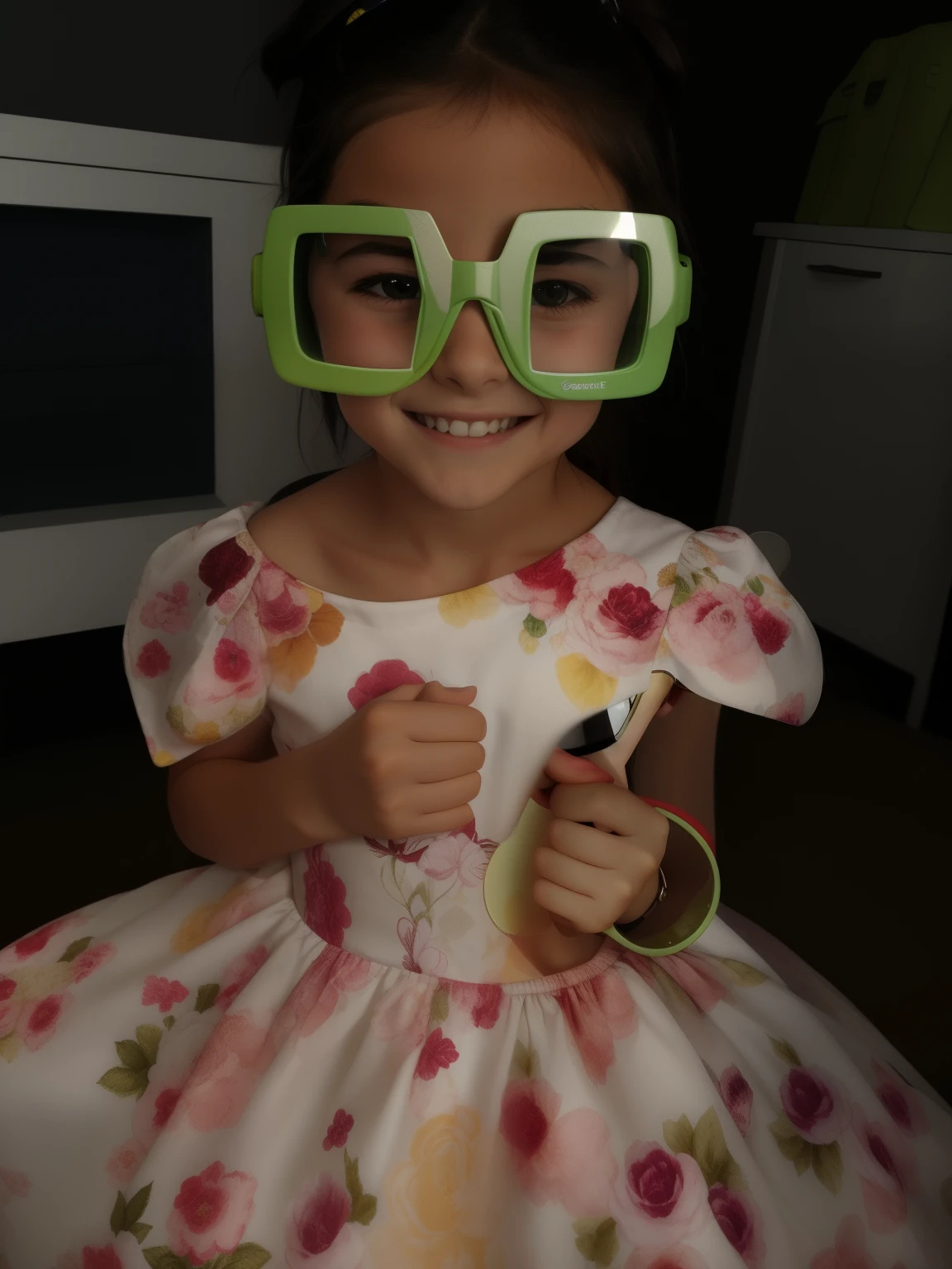 there is a girl wearing green glasses and a dress, big googles over her head, She wears Harry Potter glasses, girl with glasses, with square glasses, holding it out to the camera, wearing goggles, Tons de verde, traje completo, with sun glasses, wearing 3 d glasses, cool glasses, With eye Glasses, she is smiling and excited, Tons, copos grandes
