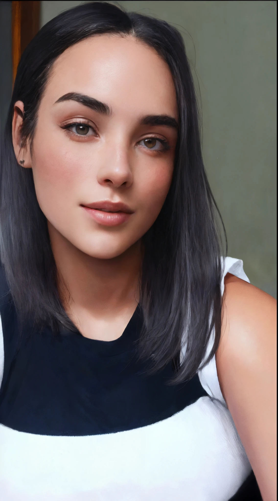 there is a woman with a black and white top posing for a picture, selfie de uma jovem mulher, cara bonita, 🤤 retrato da menina, Meio retrato, rosto perfeitamente iluminado, imagem frontal, by Amelia Peláez, Rosto com ArtGram, com rosto preciso, rosto perfeito completo, Fotografia selfie 8k, fechar o rosto, sem maquiagem, retrato de rosto completo