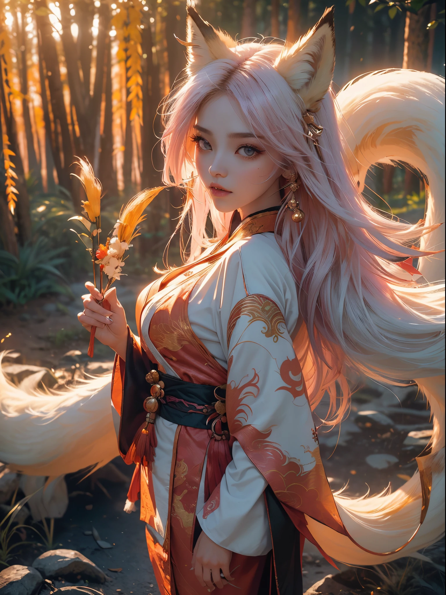 A girl with shining golden eyes, small mouth, thick pink lips, long hair, white hair, long sideburns, small breasts, thick legs, big ass, (((the girl is Kitsune, with fox ears and nine tails)) ), best representation, realistic reflections, black robes emanating, full body, standing, {extremely detailed 16k CG unit wallpaper}, expansive landscape photography, (a centralized view with focus on the character and setting), ( wide open field view), (low angle shot), (high light: 1.2), (low light: 1.8), (warm light source: 1.5), complex details, (iridescent colors: 1.2), (bright lighting ), (atmospheric lighting), dreamy, unique, solo1