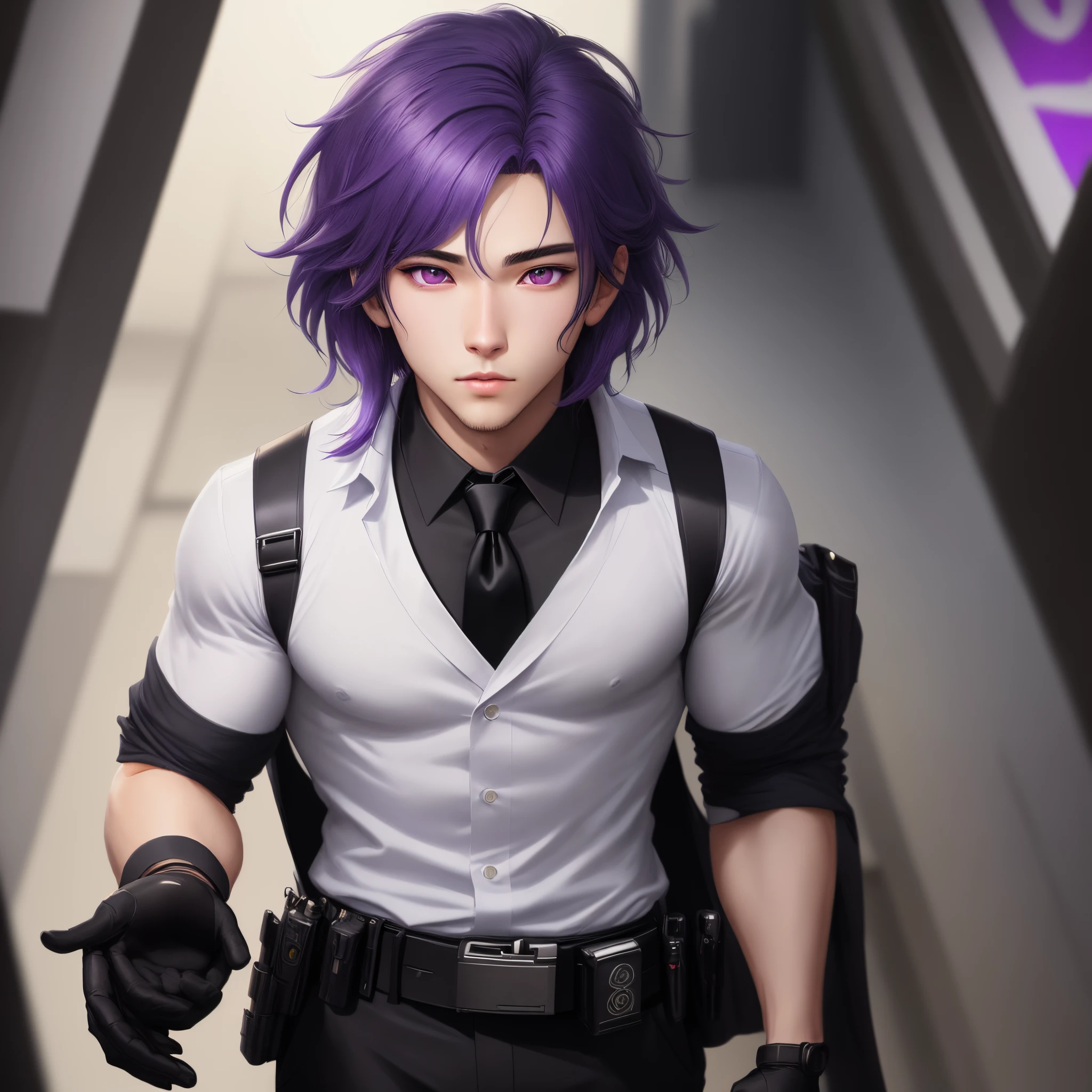 1 male,, 26 year old, masculine, Messy purple hair, Attractive, Black suit, purple tie, white shirt, Black belt, Black pants, big eyes of dark purple color, holding glock 18, Beautiful dark purple eyes, gloves, Trending on ArtStation, 8K resolution, Highly detailed, Anatomically correct, Sharp Image, Digital Painting, Concept art, trending on pixiv, anime style, Beautiful、 INFO