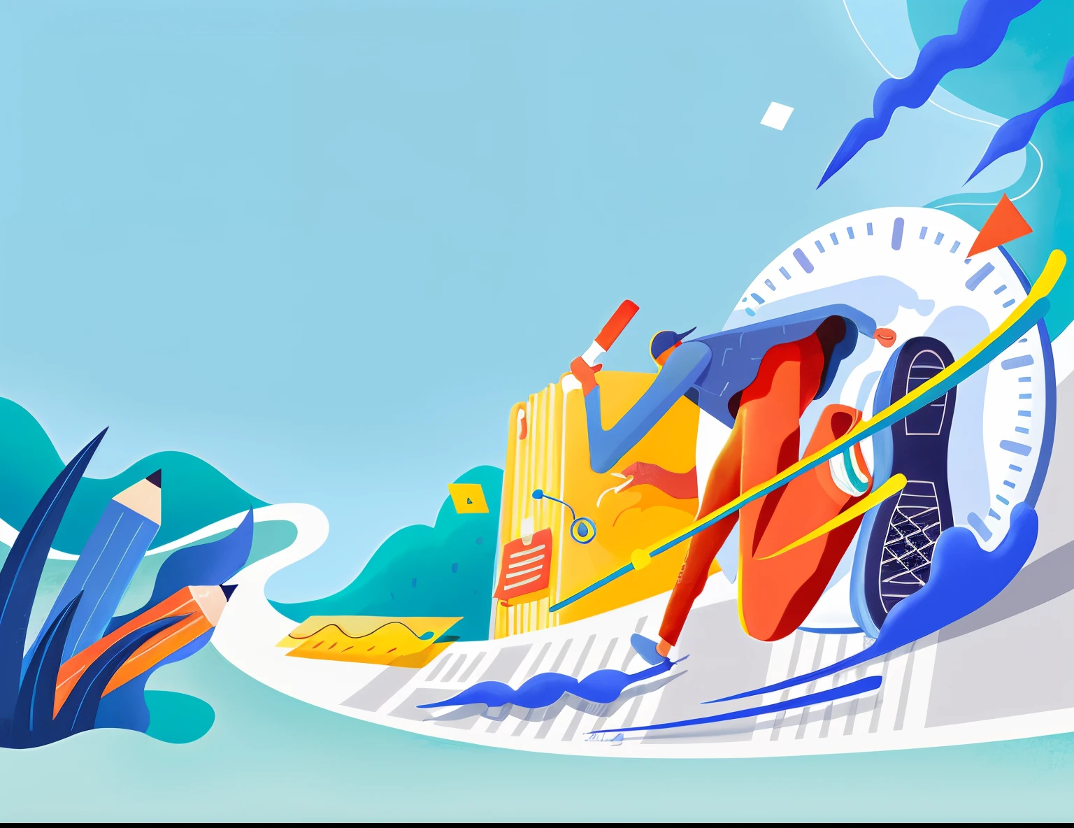 Illustration of a man with a suitcase and a clock on the street, Colorful editorial illustrations, Colorful illustration, Animated illustration style, flatillustration, Illustration style, Simple and clean illustration, Trends in behance illustrations, Chuanghui Illustrations, editorialillustrations, Stylized flat colors, 2D illustration, 2D illustration, best behavior, Modern illustration, Commercial illustration