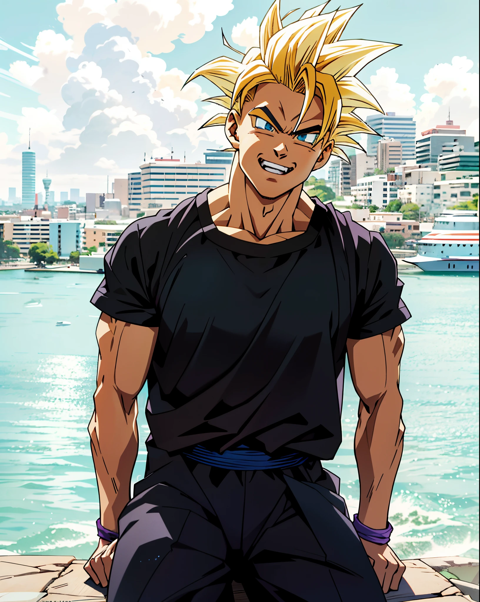 arafed man sitting on a ledge with a city in the background,super saiyan, yellow hair,super saiyan goku, super sayan, super sayian goku, super saiyan 3, going super saiyan, dragon ball concept art, dragon ball artstyle, 4 k manga wallpaper, goku from dragon ball, an epic anime of a energy man, 4k anime wallpaper,smile