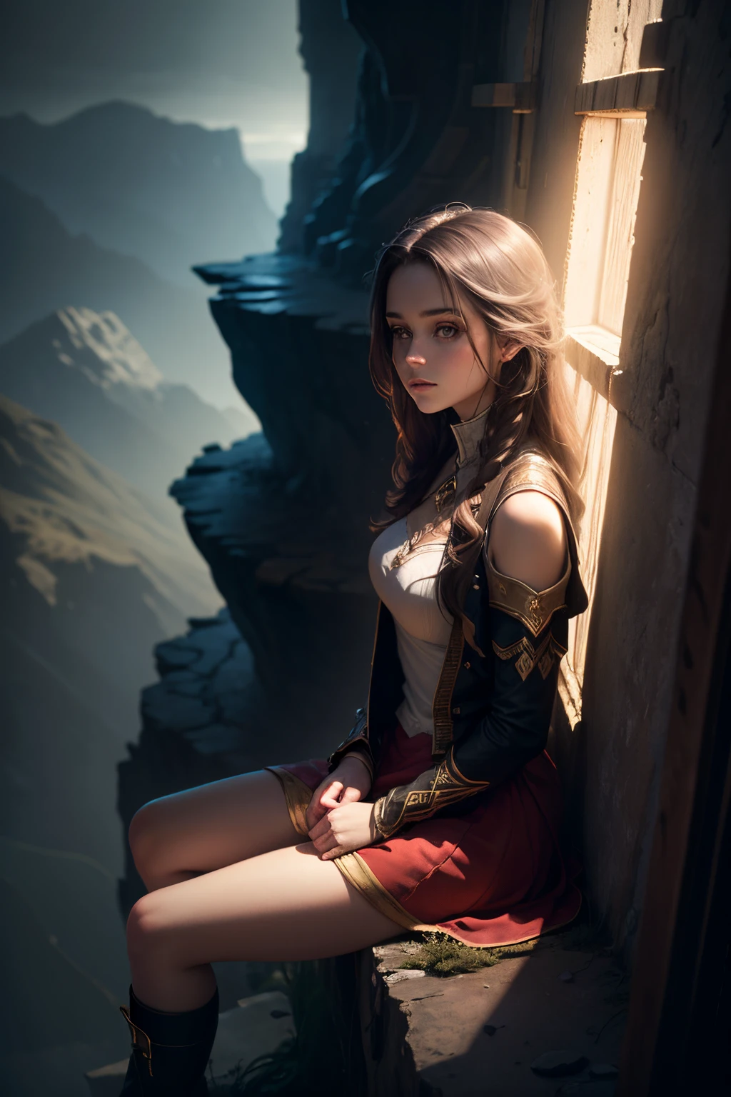Young woman sitting alone on a high ledge, in dark solitude, a beautiful girl long flowing hair, symmetrical eyes, looks at the camera, cinematic shot, cinematic scene, stunning, magical fantasy, diffused lighting