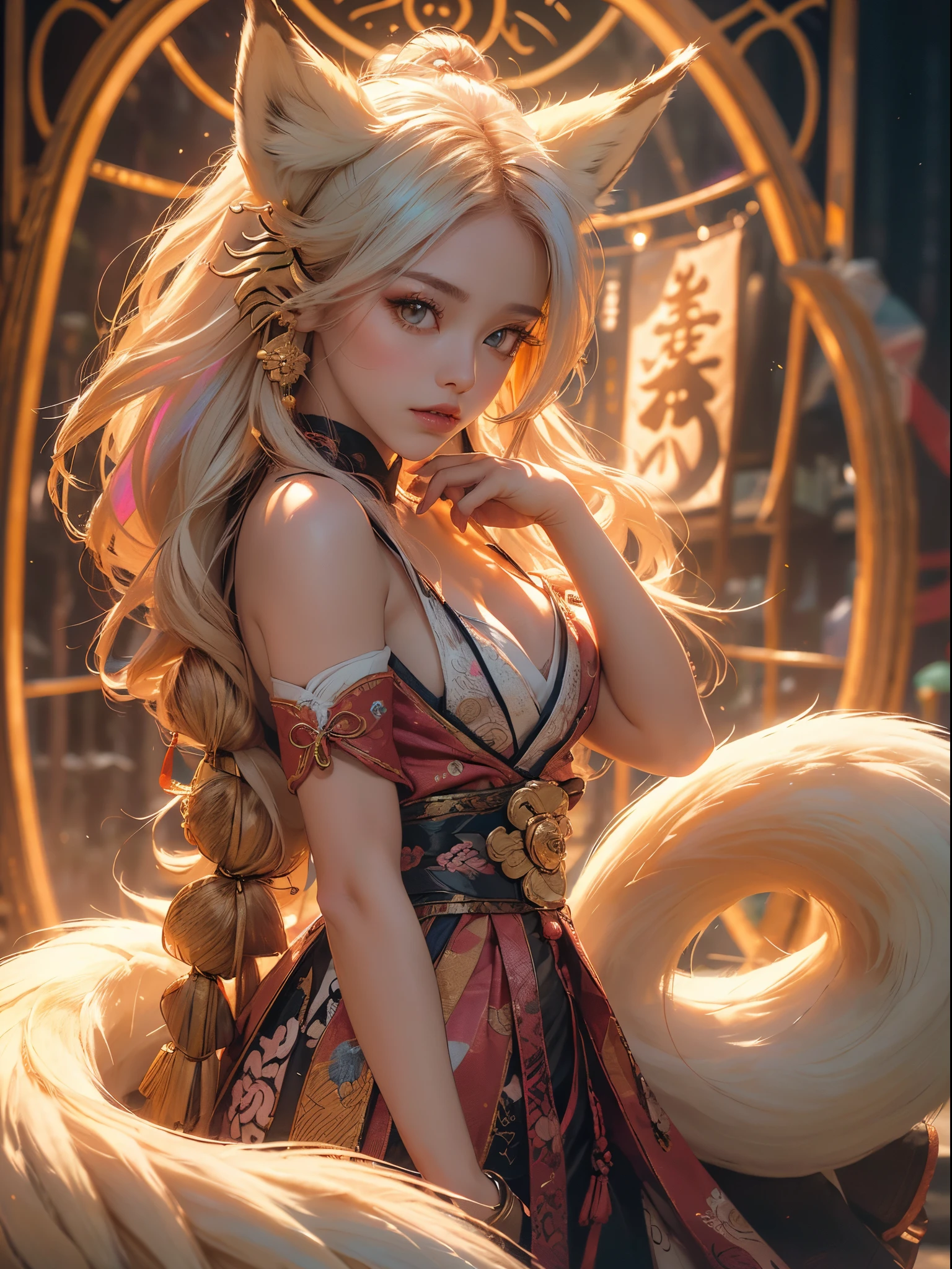 A girl with shining golden eyes, small mouth, thick pink lips, long hair, straight white hair, long sideburns, small breasts, thick legs, big ass, (((the girl is the representation of Kitsune, with fox ears and nine tails))), better representation, realistic reflections, {extremely detailed 16k CG unit wallpaper}, expansive landscape photography, (a centralized view with focus on the character and setting), (wide open field view), (low angle photo), (high light: 1.2), (low light: 1.8), (warm light source: 1.5), complex details, (iridescent colors: 1.2), (bright lighting), (atmospheric lighting), Dreamy, unique, solo1
