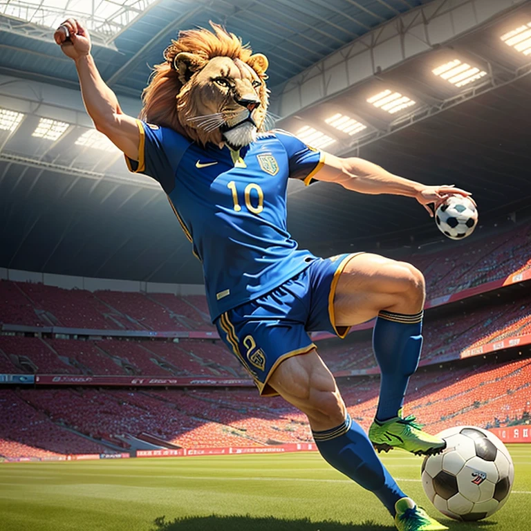 A lion playing soccer in the stadium
