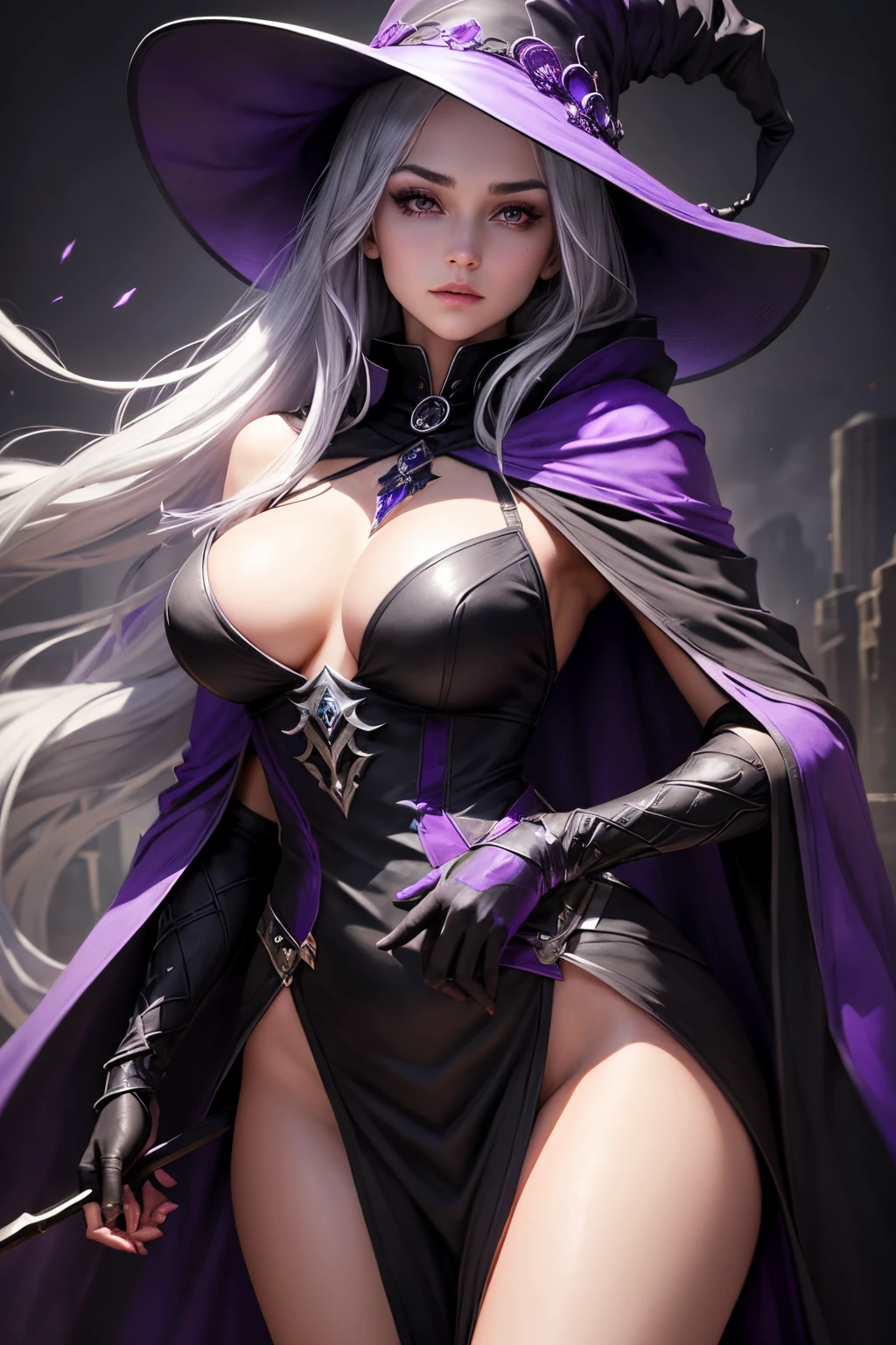 Female sorceress,grey hair,long hair,black and dark violet hat,purple eye,dark violet collar,black shoulder cloak,black and dark violet and purple dress and gloves