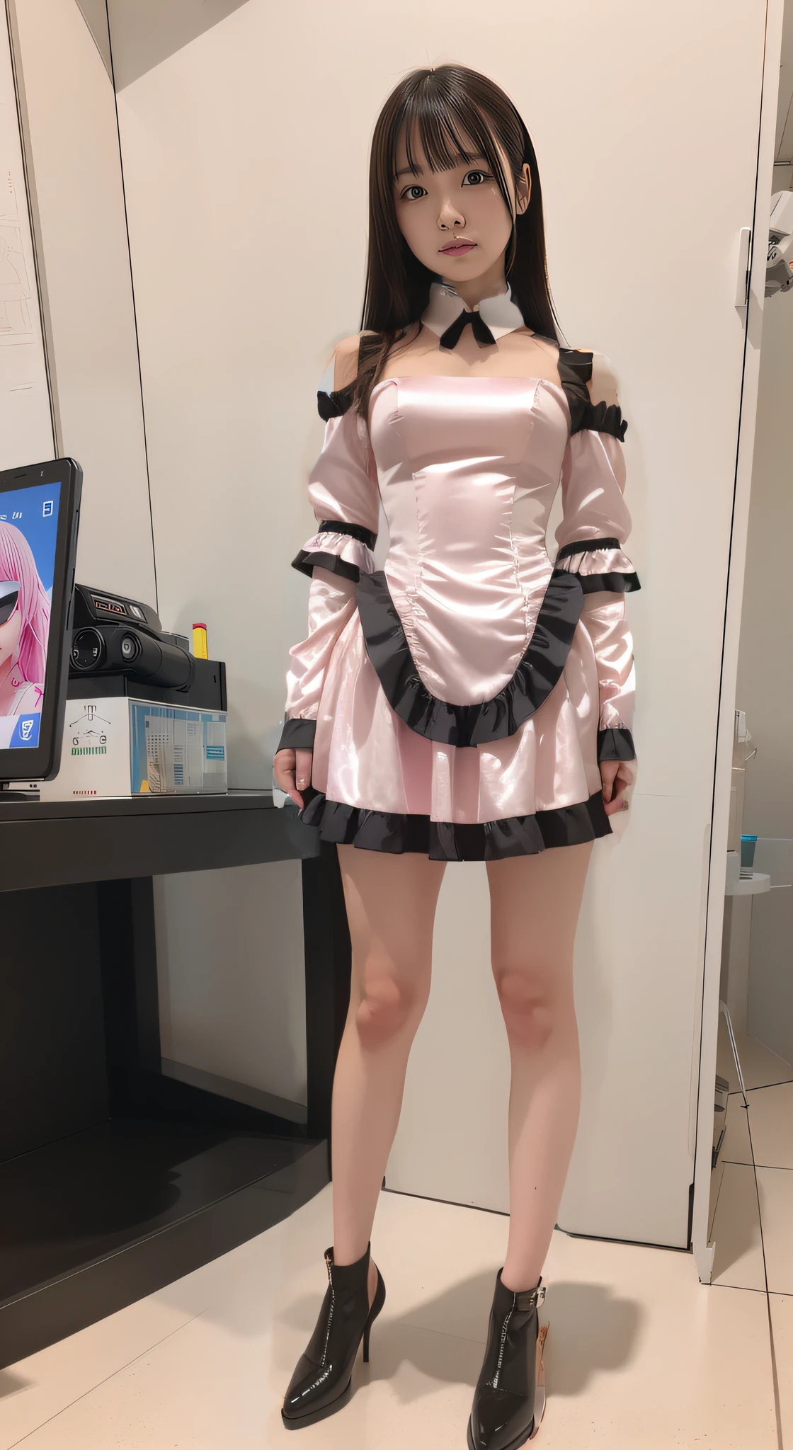 of the highest quality, Slender body Idol, front facing, Well-proportioned body, exhibition, Event Hall, Moe Pose, no sleeve pink satin ****ta style Dress Machine Armor, Standing with legs open, Model body type