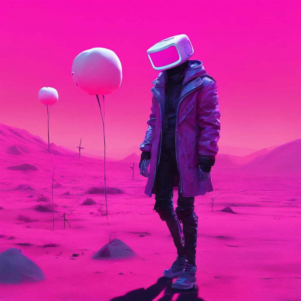 A pink cowboy alien standing in a desolate wasteland, with a weary expression on its face. In the distance, a giant ((((marshmallow)))) looms, emitting an eerie glow. The alien's cowboy hat is slightly askew, and its metallic body bears scars and scratches from past battles. The sky above is a deep purple, The scene is both whimsical and unsettling, with a touch of dark humor.