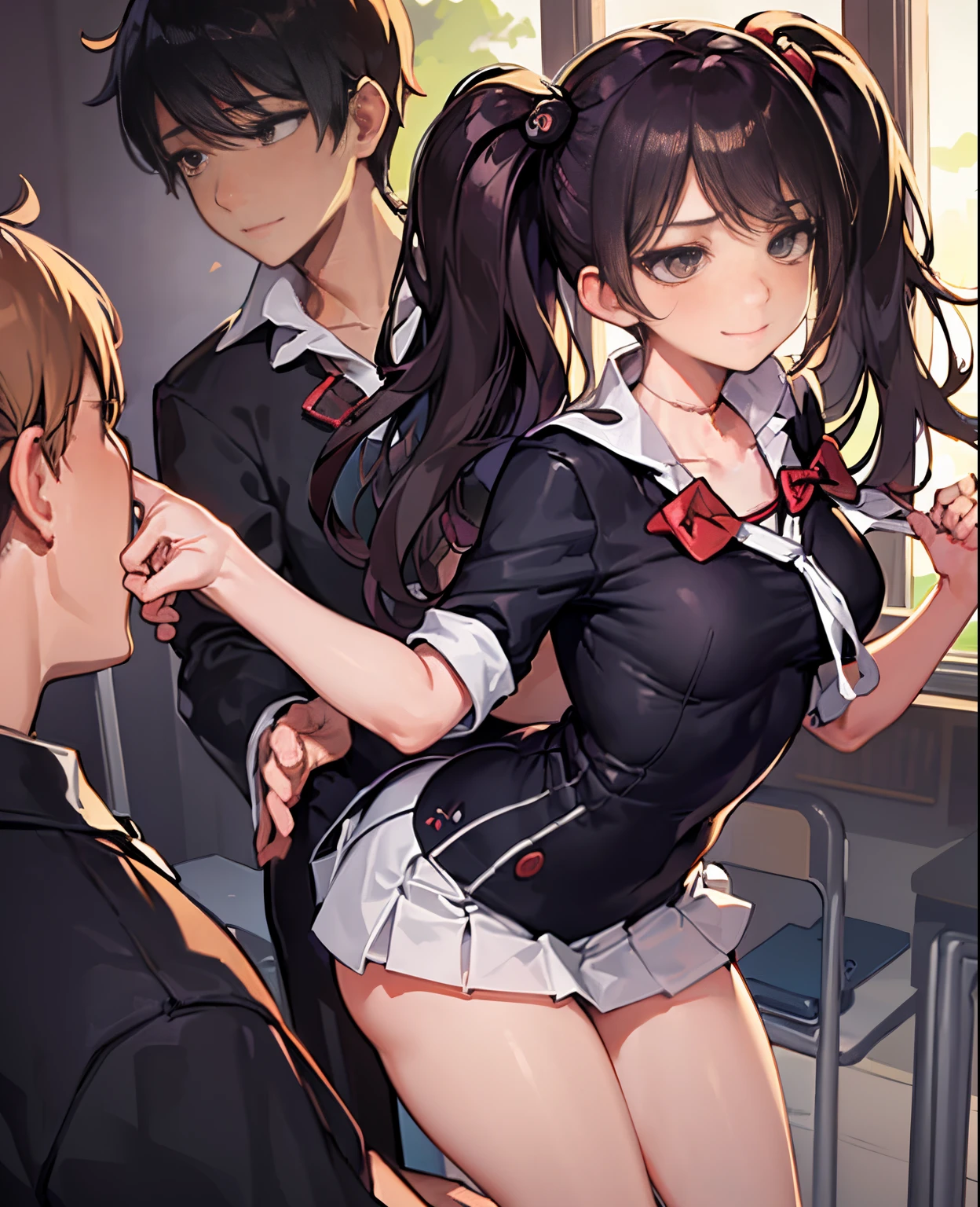 masterpiece, best quality, (1faceless boy:1.3),(boy grabbing breast:1.1),1girl .(school uniform:1.2), black long hair,brown eyes,(classroom:0.8), (sunset:0.7),(medium breasts:1.4), (sad smile:0.8)