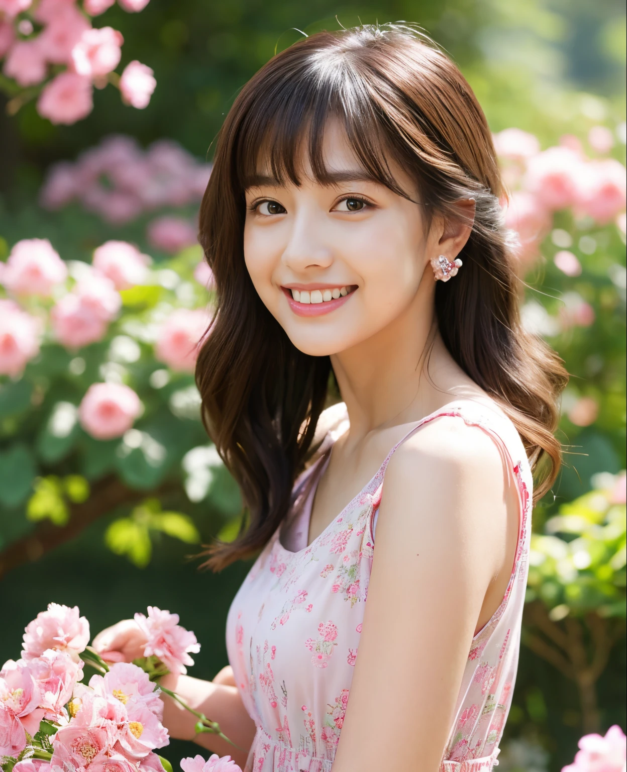 ((Masterpiece)), 8k, Best quality, 1 girl, Solo, Real, Garden, Photorealistic, Super detailed, Detailed background, (Solo: 1.4), Wearing a simple pink dress, Happy expression, Slender Body, realistic and detailed half hair, intricate details, masterpiece, top quality, waist shot, ((cottage background with pink flowers)), smile, ((looking at camera)), earrings, asymmetrical bangs, natural chest ,