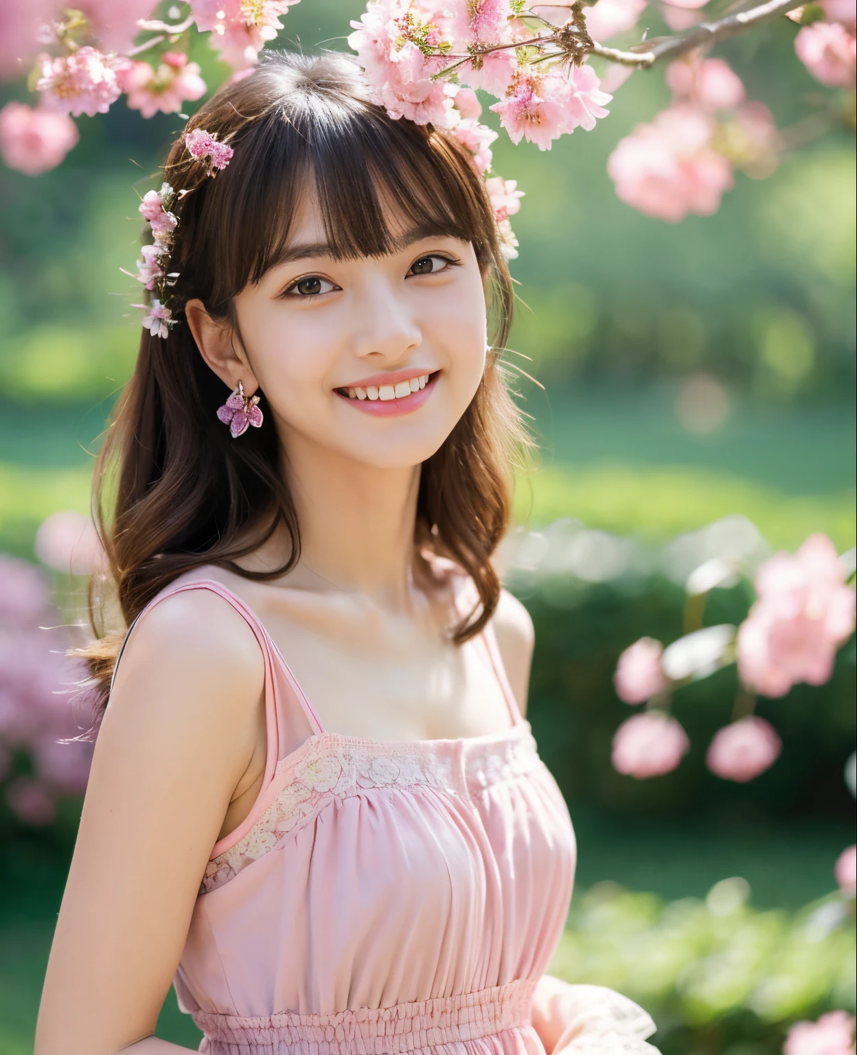 ((Masterpiece)), 8k, Best quality, 1 girl, Solo, Real, Garden, Photorealistic, Super detailed, Detailed background, (Solo: 1.4), Wearing a simple pink dress, Happy expression, Slender Body, realistic and detailed half hair, intricate details, masterpiece, top quality, waist shot, ((cottage background with pink flowers)), smile, ((looking at camera)), earrings, asymmetrical bangs, natural chest ,