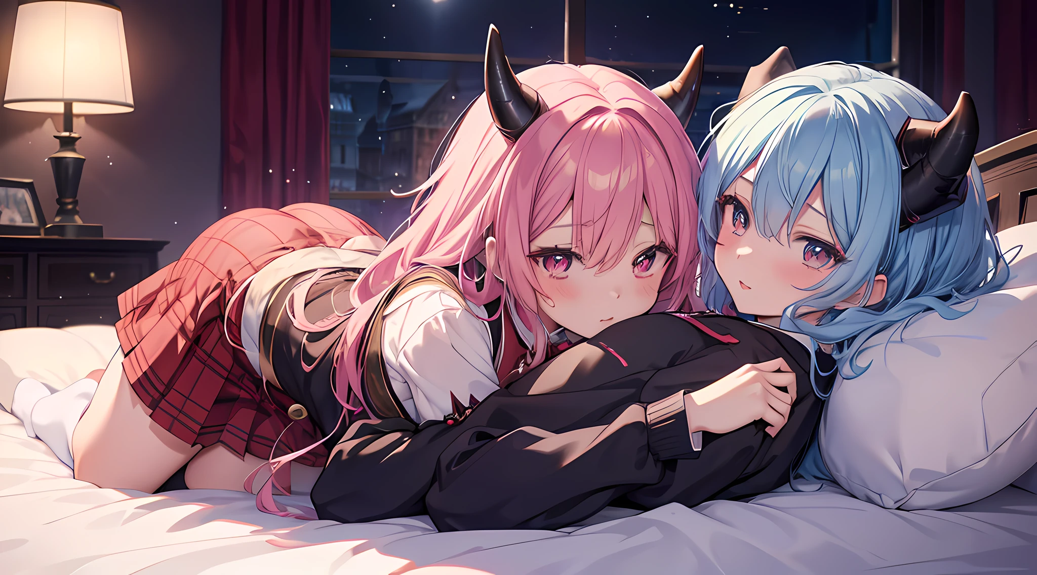 anime image of two demon girls in Hogwarts academy uniforms hugging on a bed, demon horns, touching breast, groping, two beautiful anime girls, seductive anime girl, 4k anime wallpaper, artwork in the style of guweiz, anime wallpaper 4k, anime wallpaper 4 k, ecchi anime style, lesbian art, smooth anime cg art, anime style 4k, kissing together cutely