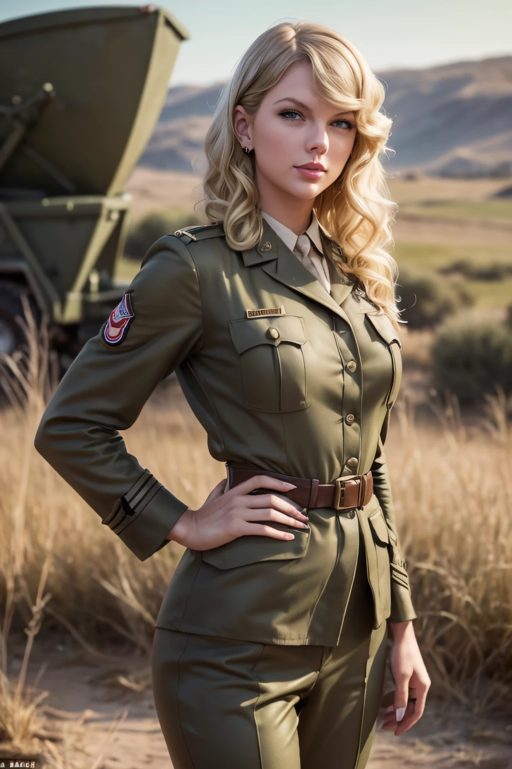 Taylor Swift, detailed curly blonde hair, hourglass figure, athletic build, tan skin, soft lighting, 1940s army outfit, vintage soldier, detailed outfit, exterior battlefield, adult woman, beautiful woman, gorgeous, woman, full body, sexy woman, Waiting to make love to you, WWII vintage, Army outfit