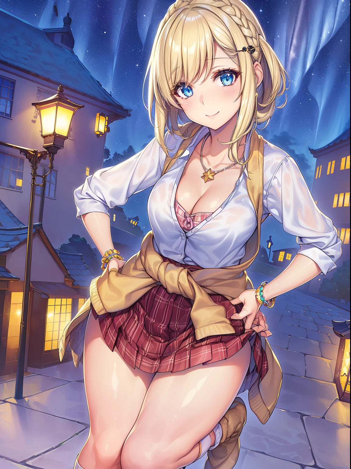 absurderes, ultra-detailliert,bright colour,(in 8K:1.3),masuter piece,extremely beautiful detailed face and eyes, (Halloween specification:1.3),(School Uniforms:1.2), (Heisei Gal:1.2), (White shirt:1.3), (Wrap a beige cardigan around your waist:1.5), ((cleavage, Unbuttoned):1.2), (Plaid pleated skirt:1.2), (Necklace,Colorful bracelets,(Loose socks:1.4),Double peace,X-Hair,Aurora、city light、constellation、Crescent,intergalactic,lamp post, Particles of light, long-sleeve, milkyway, natta, nigh sky, outside of house, planetes, Power lines, shooting stars, Skysky, Skyscraper, 独奏、Stargazing,Star_\(skyporn\)、starrysky、Winters、(Smooth straight blonde hair:1.3), (Hair parted in the middle),(Shiny hair:1.2), Delicate beautiful face, red blush、Deep Blue Eyes, (Happy smiling face:1.2),Small necklace,(Lean forward with your hands on your hips:1.4)
