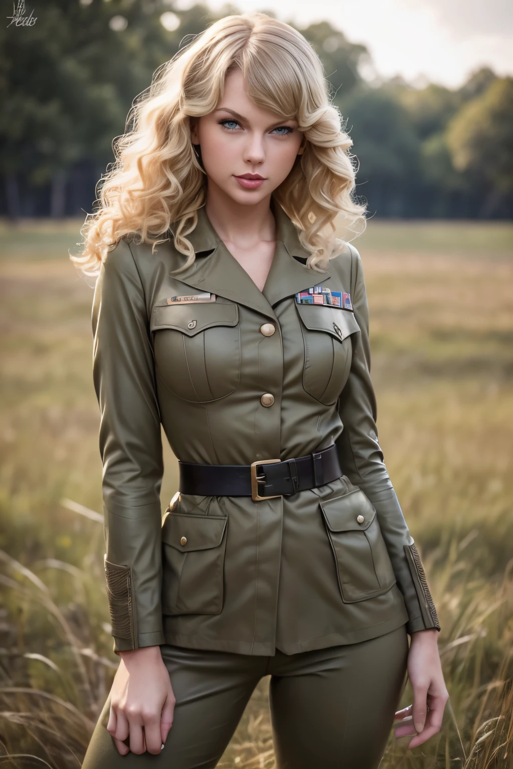Taylor Swift, detailed curly blonde hair, hourglass figure, athletic build, tan skin, soft lighting, 1940s army outfit, vintage soldier, detailed outfit, exterior battlefield, adult woman, beautiful woman, gorgeous, woman, full body, sexy woman, Waiting to make love to you, WWII vintage, Army outfit
