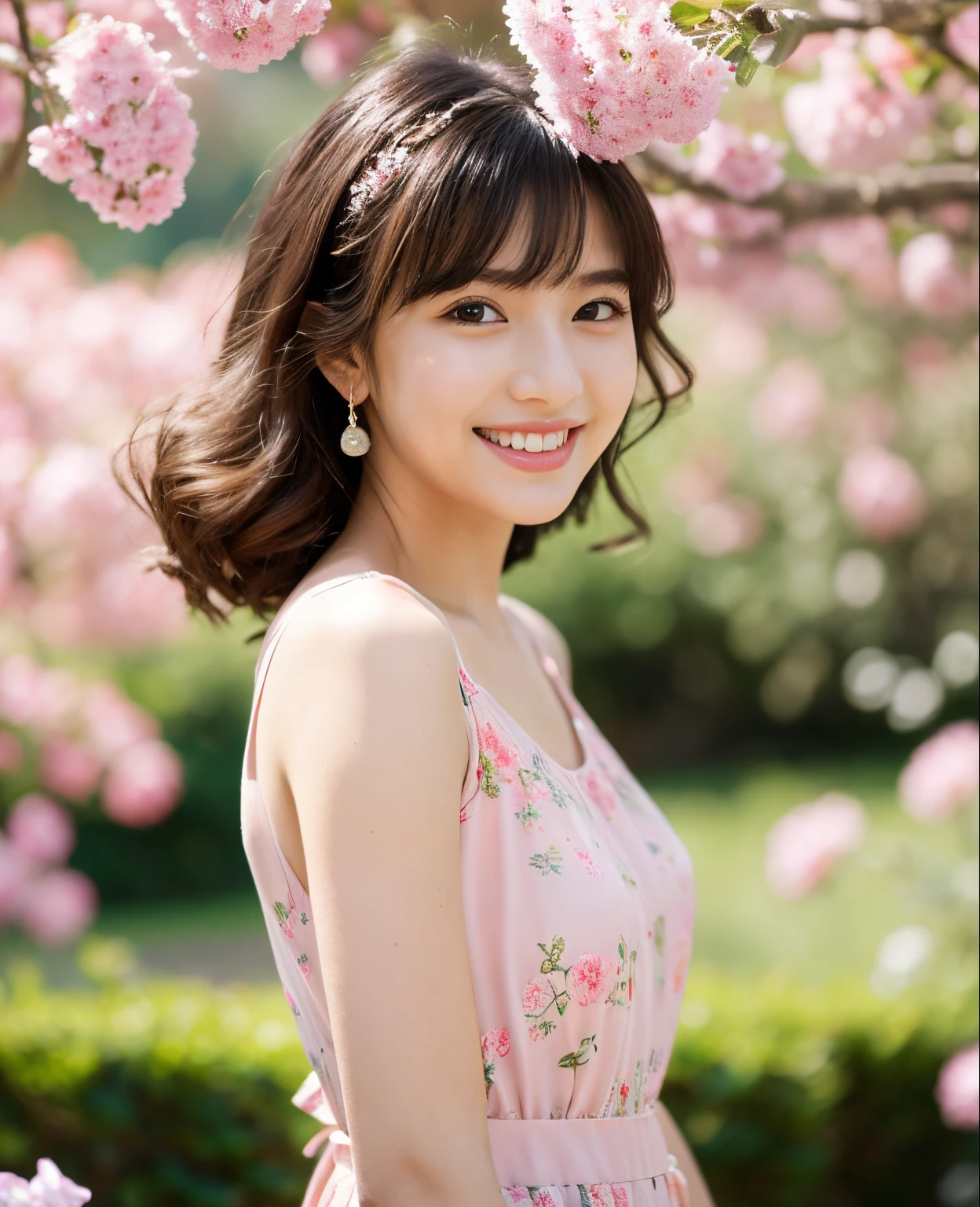 ((Masterpiece)), 8k, Best quality, 1 girl, Solo, Real, Garden, Photorealistic, Super detailed, Detailed background, (Solo: 1.4), Wearing a simple pink dress, Happy expression, Slender Body, realistic and detailed half hair, intricate details, masterpiece, top quality, waist shot, ((cottage background with pink flowers)), smile, ((looking at camera)), earrings, asymmetrical bangs, natural chest ,