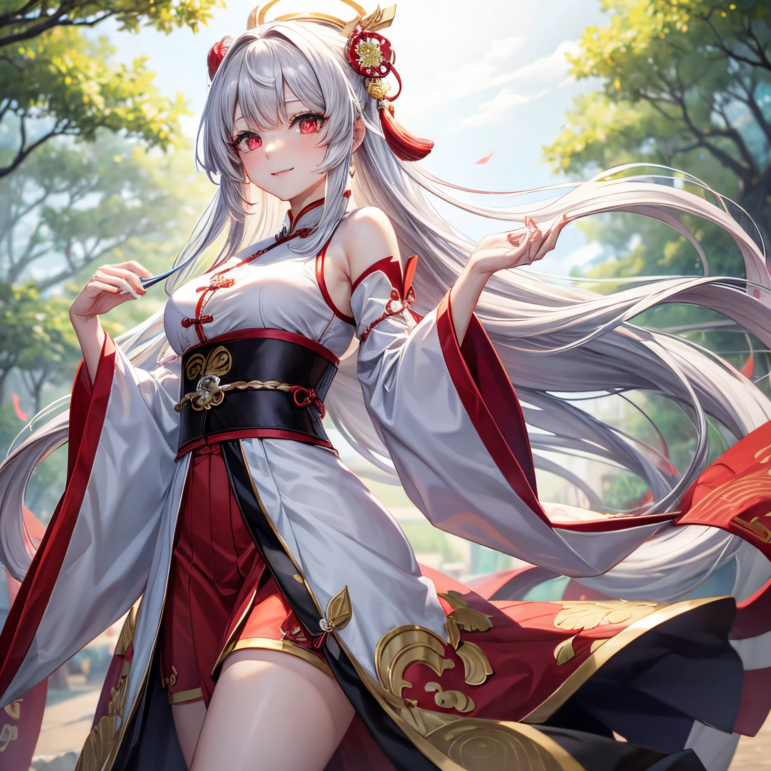 tmasterpiece, Best quality at best, 1个Giant Breast Girl, Alone, long whitr hair, looking at viewert, ssmile, By bangs, hair adornments, red eyes, longer sleeves, a skirt, Permanent, 鎖骨, White hair, with gray hair, alternate costume, Wide sleeves, The tree, Chinese clothes, hairpin, Hanfu, Ningguang (genshin impact), Ningguang,