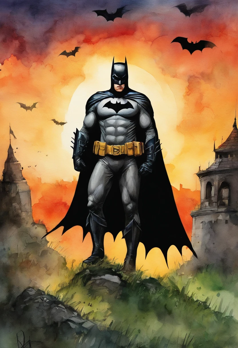 Batman, andando em um campo verde, against the backdrop of a brilliant sunset