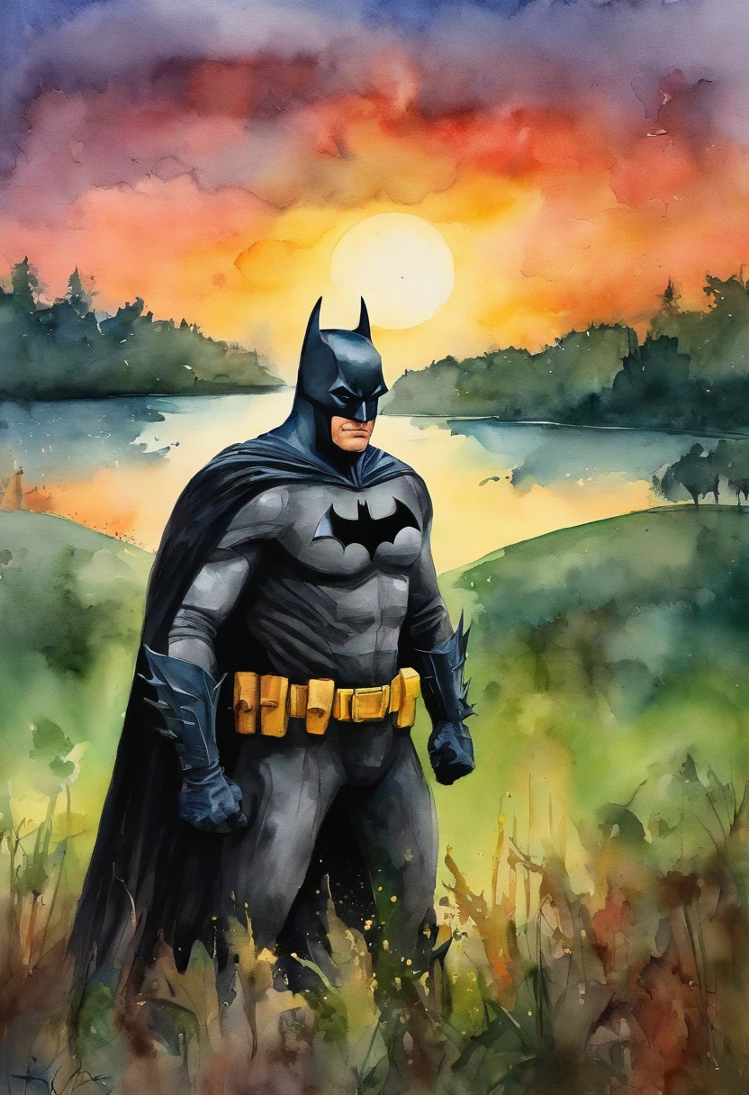 Batman, andando em um campo verde, against the backdrop of a brilliant sunset